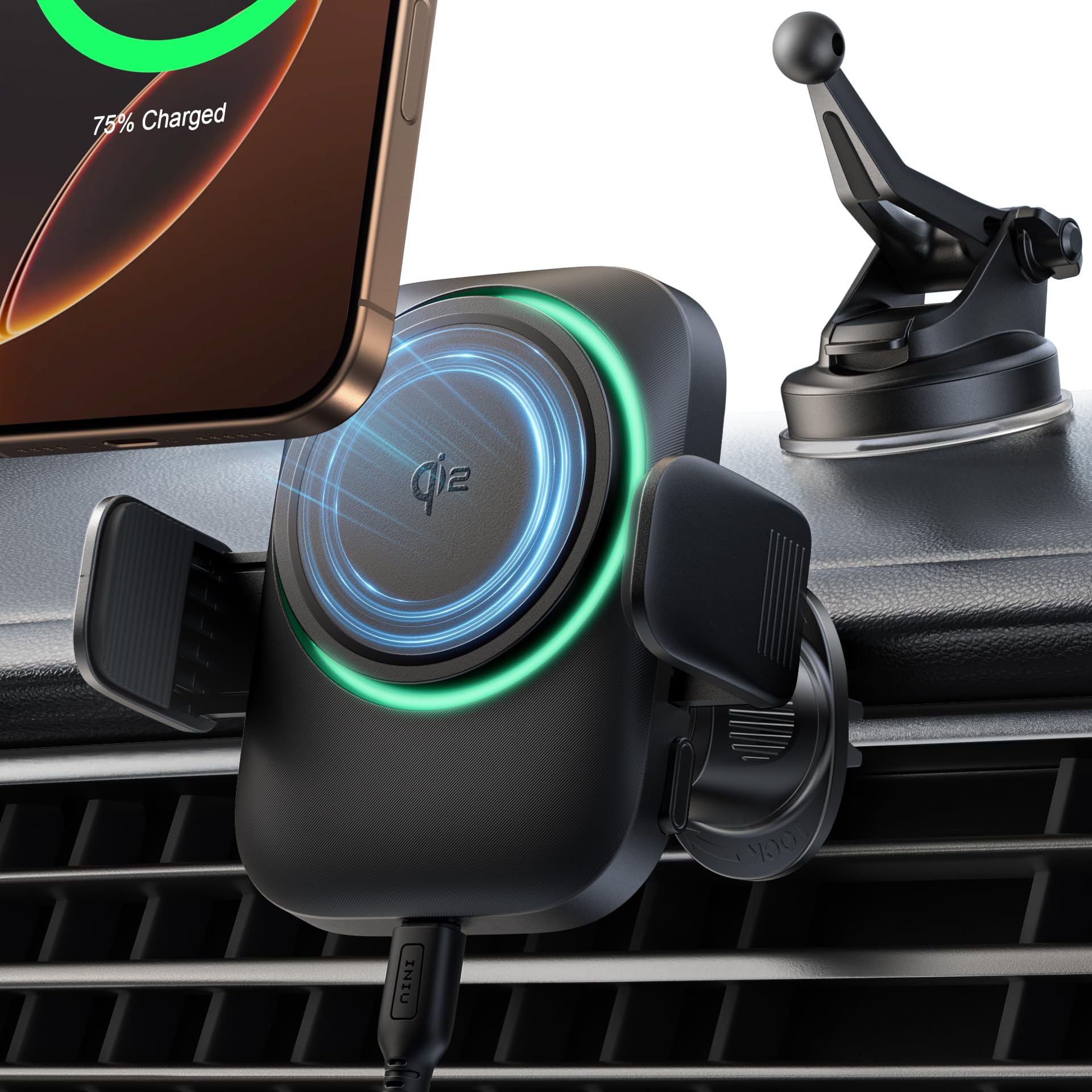 Iniu For Magsafe Car Mount Charger, Qi2  15W Wireless Car Charger, Ultra Strong Magnet, Car Phone Mount With Cooling Fan, Air Vent Dash Phone Holder Mount For Iphone 16 15 14 13 12 Series