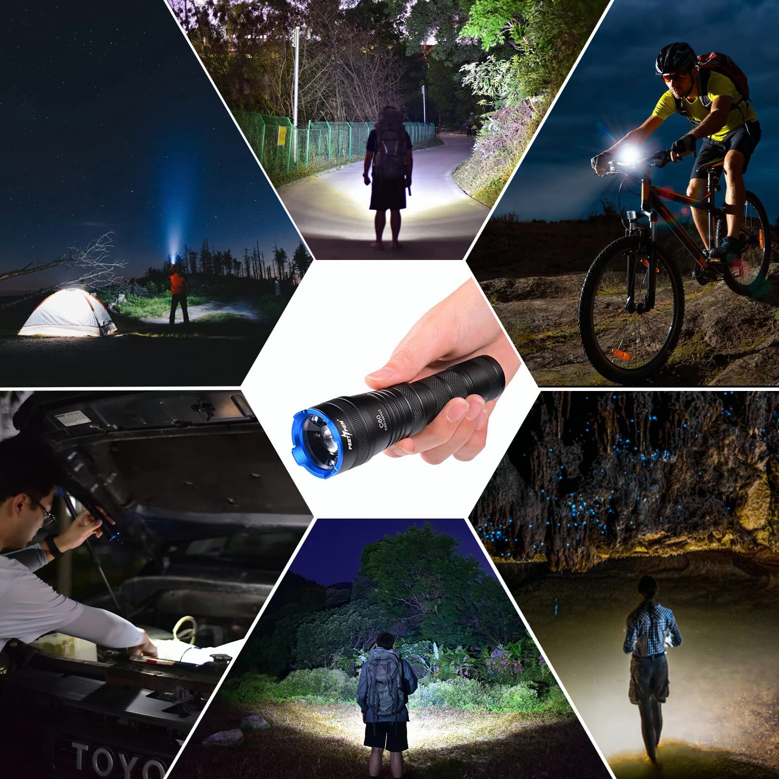 Peetpen C60 Super Bright Flashlight Zoomable, Led Flashlight Ipx6 Waterproof, Rechargeable Utility Flash Light, Suitable For Camping, Hiking, Night Riding, Home Emergency