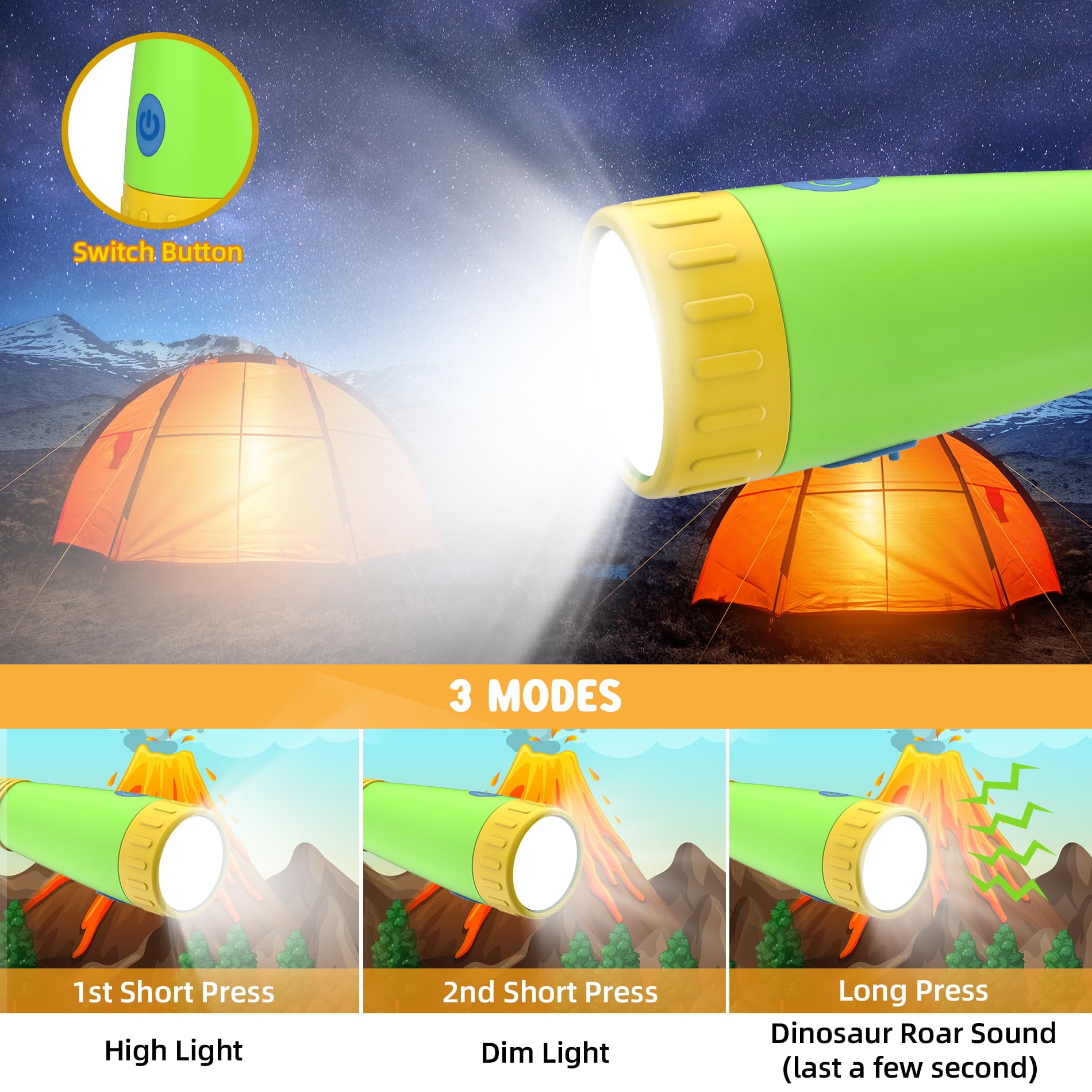 Auksky Rechargeable Dinosaur Flashlight With Roar For Kids, Kids Flashlight Camping Gear Toddler Handheld Flashlight For Kids, Halloween Christmas Lights For Boys Girls, Dino Kid Lantern