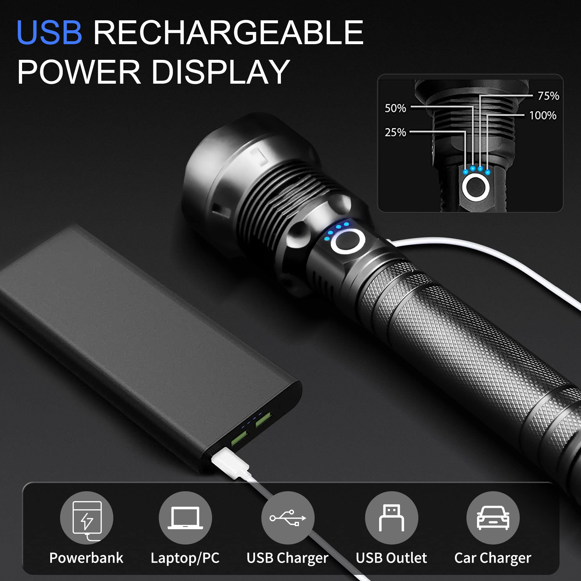 Kwznob Rechargeable Led Flashlights, 100000 High Lumens Super Bright Flashlights With 3 Modes Waterproof Zoomable Flash Light For Outdoor Emergency