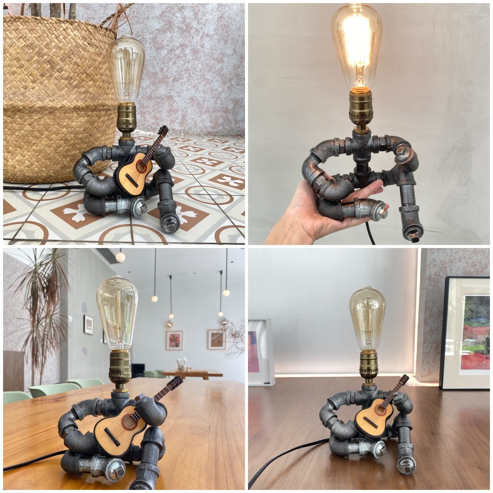 Wibota Music Guitar Table Lamp Art Decor Guitar Stuff Cool For Music Art Lovers Microphone Players For Men Steampunk Pipe Man Edison Bulb Lamps Retro Guitars Metal Pipe Industrial Robot Lights