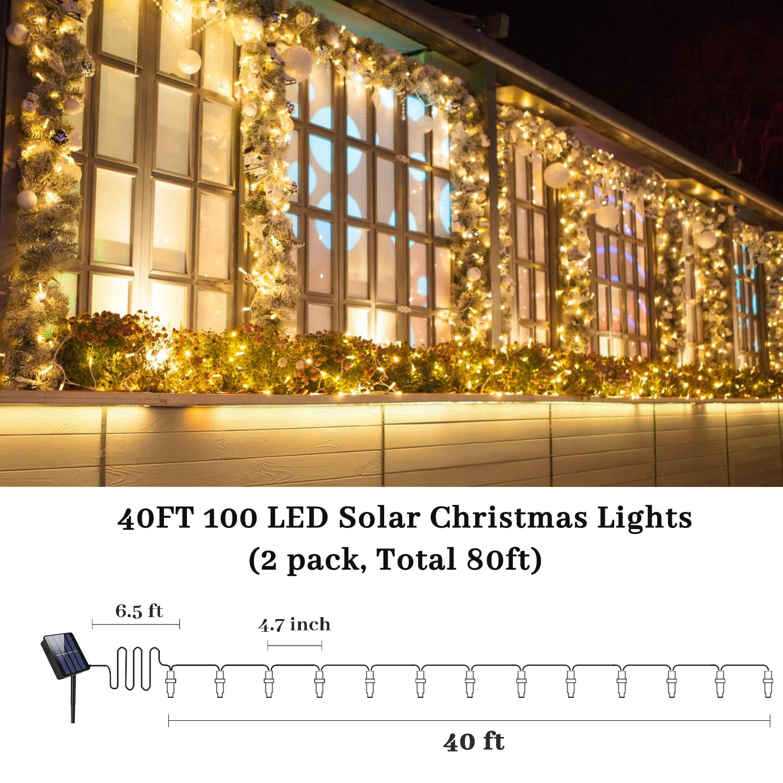 Elavika Solar Christmas Lights Outdoor, 2 Pack 40Ft 100 Leds, Total 80Ft 200 Led, Waterproof Solar Powered String Lights For Outside Xmas Tree Garden Fence Patio Balcony Decoration, Warm White