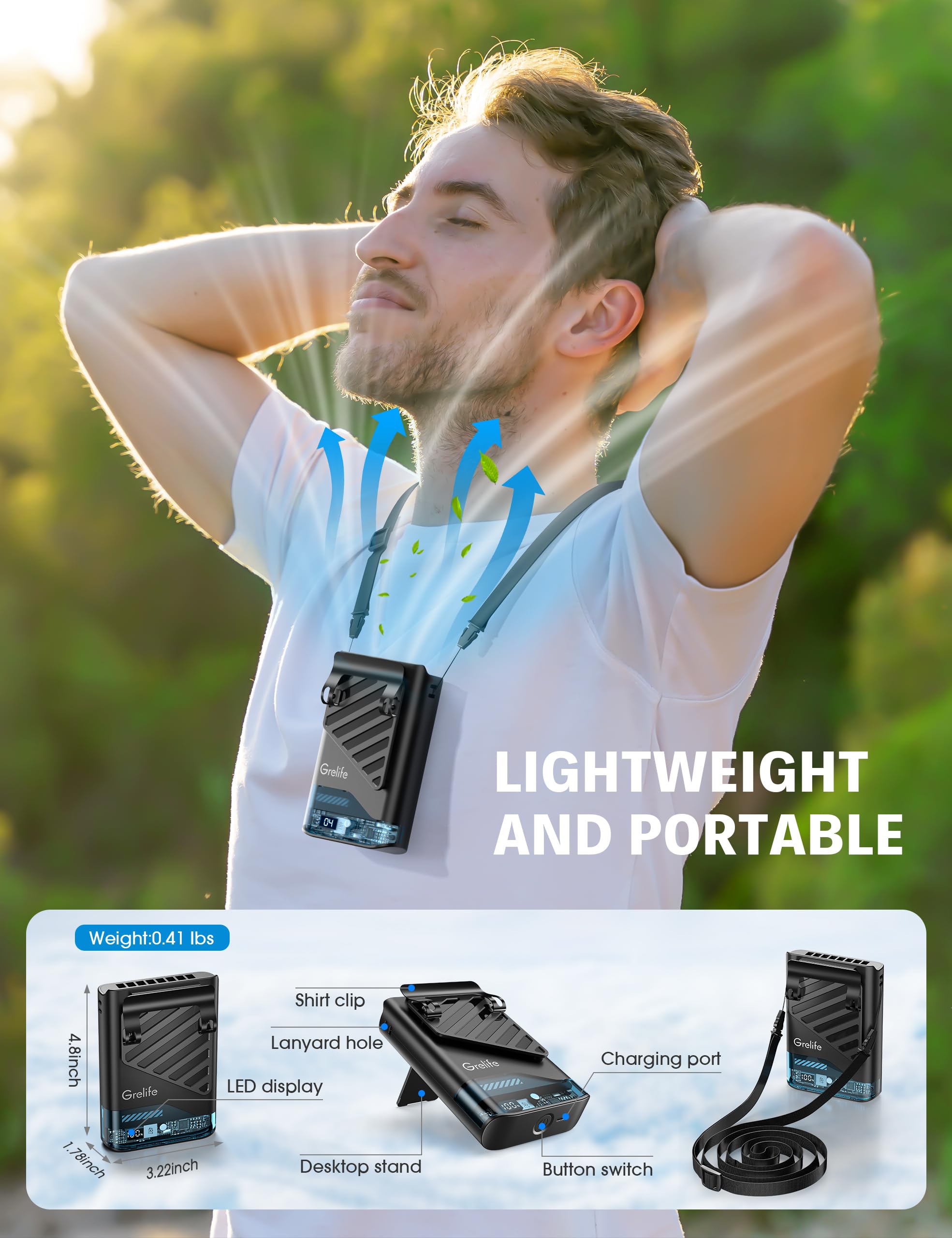Grelife Ai Portable Waist Fan Rechargeable With Led Display & 40H Runtime,5 Speed 10000Rpm Cooling