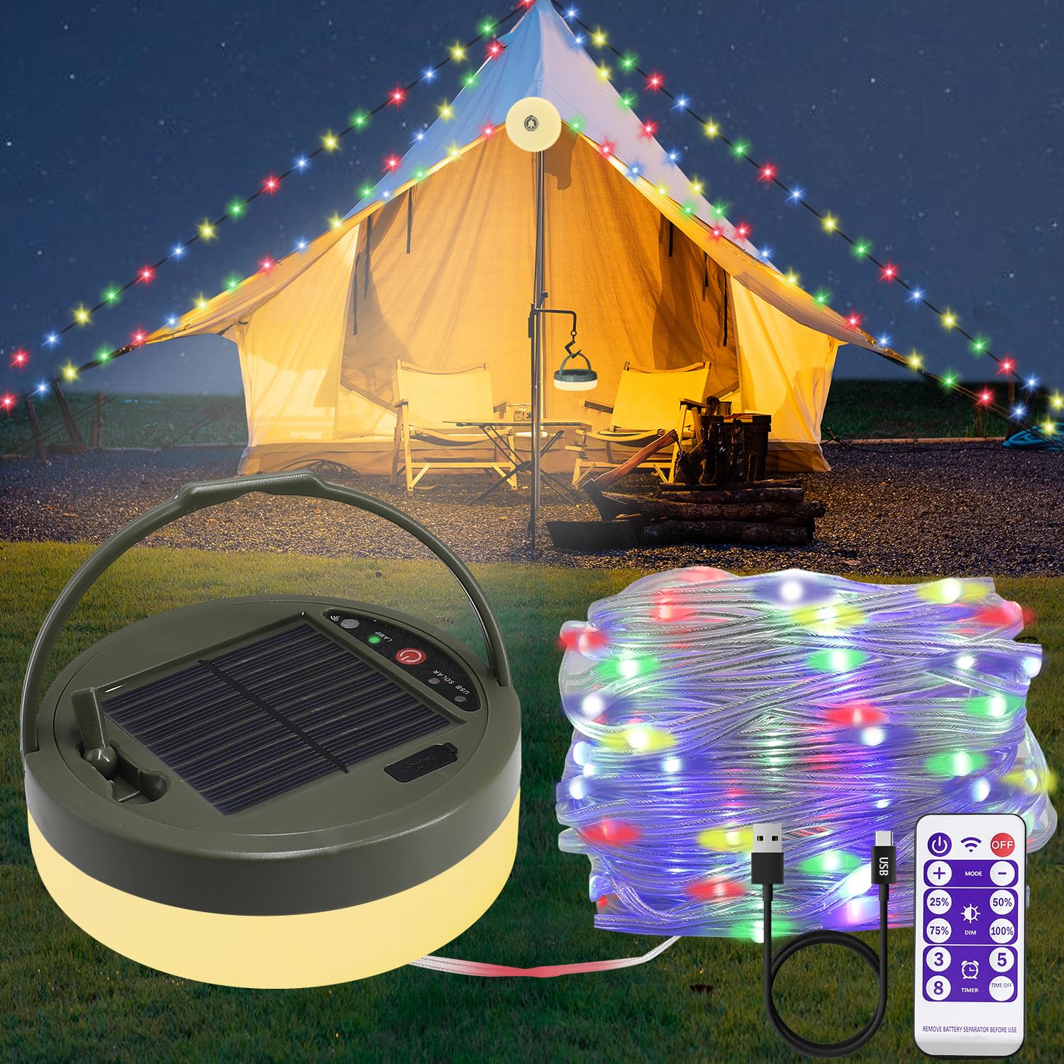 Yosky Solar Camping String Lights, Solar Powered And Usb Rechargeable String Light Outdoor Waterproof With Remote Control,Portable Camping Light For Camping, Hiking And Yard Decorations
