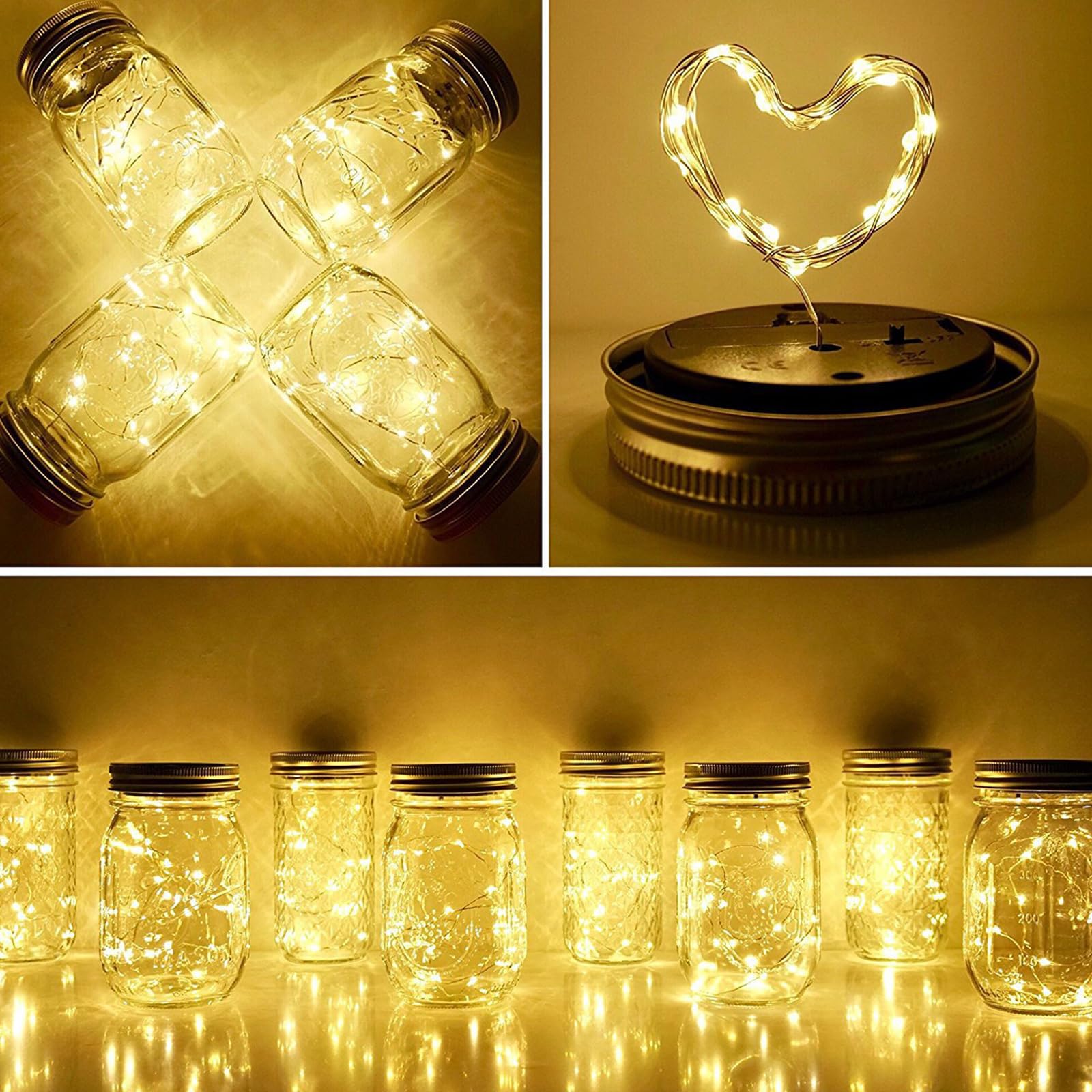Soonhua Mason Jar Solar Lights, 6 Pack Waterproof Solar Mason Jar Lid String Lights With 6 Hangers 30 Led Jar Lids Fairy Lights For Patio Garden Yard Lawn (Jars Not Included)