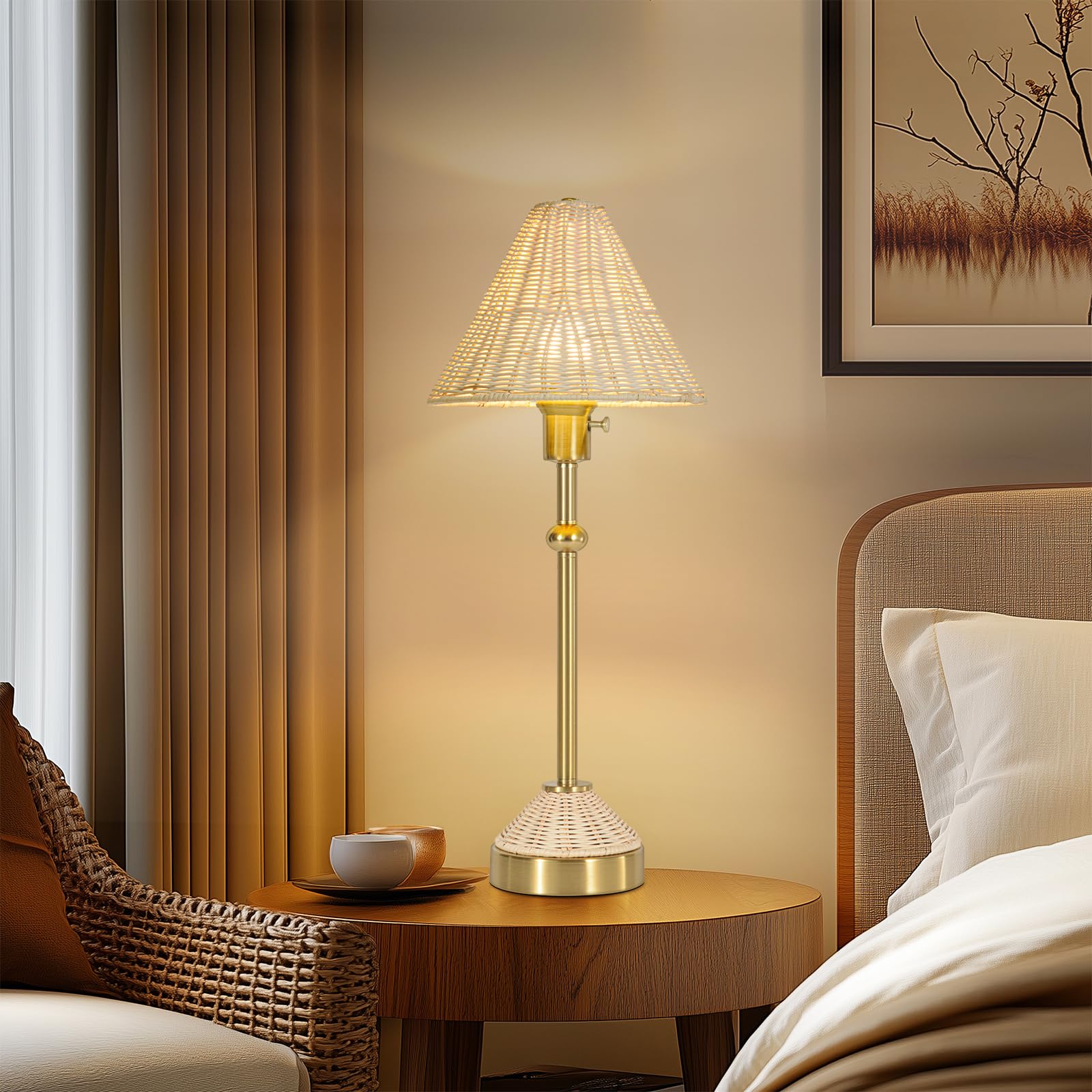 Kivditzo 24.5" Rattan Table Lamp For Living Room, Rustic Gold Table Lamp With Lvory White Rattan Shade For Nightstand, Rotary Switch Bedside Lamp, Farmhouse Lamp For Reading Bedroom Office(Bulb Included)