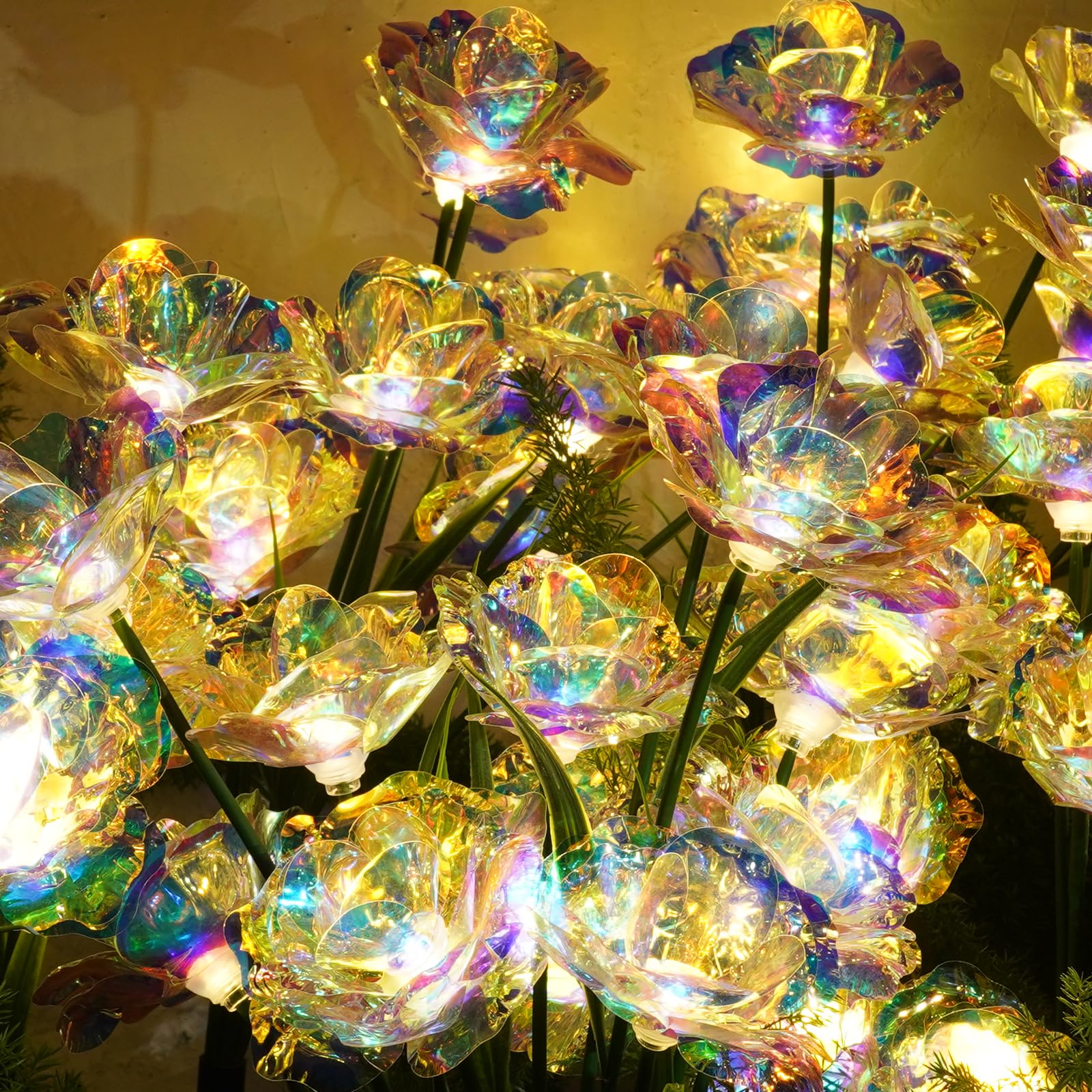 Flumy Solar Lights For Outside Gardening Supplies,Cemetery Decoration,Garden Decoration，Christmas Decoration，Solar Lights Outdoor Waterproof Rose Flowers 8-Head Garden Lights 2 Pack