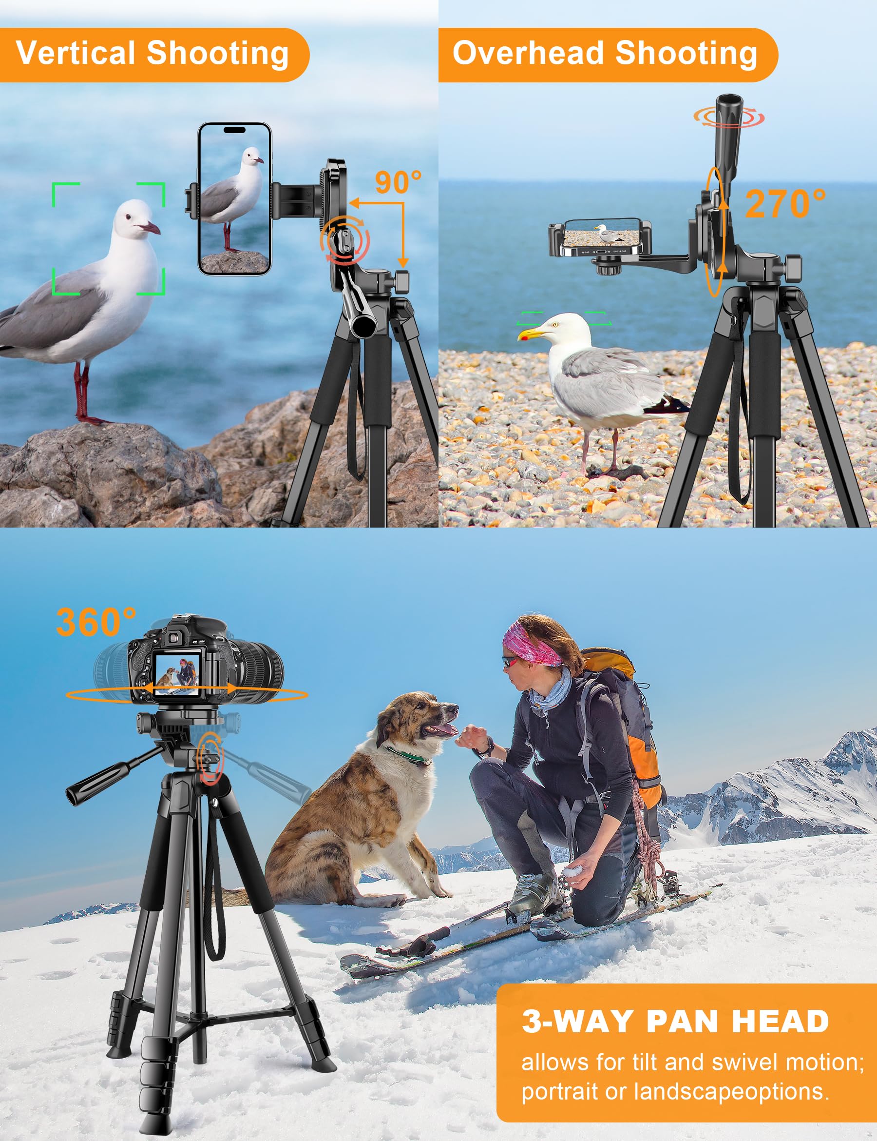 Nineigh Phone Camera Tripod, 67“ Dslr Tripod Stand With Remote Phone Holder, Aluminum Travel Tripods For Photo, Video Recording