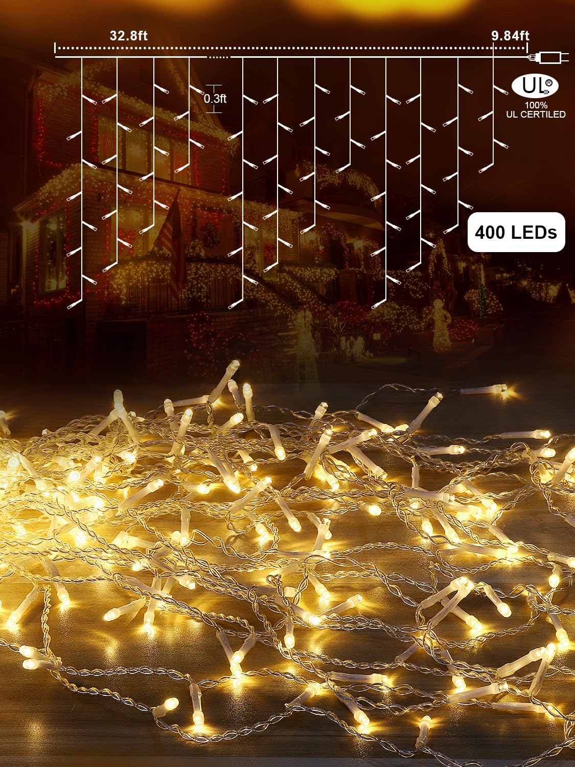 Dreamland 32.8Ft Christmas Icicle Lights, Outdoor String Lights With 400Led 75 Drops, Ip65 Waterproof Hanging Fairy Lights For Christmas Eaves Garden Room Decoration Warmwhite