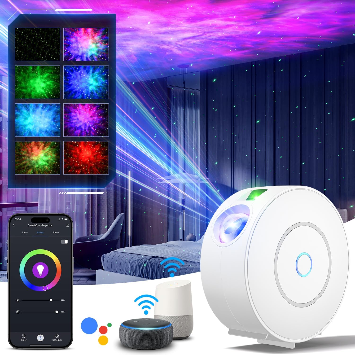 The Three Musketeers Dowilldo Smart Star Galaxy Projector, Nebula Night Light With Smart App & Voice &Button Control, Diy 16 Million Colors And Timer Mode For Kids Room, Party Night Ceiling Decor (Black)