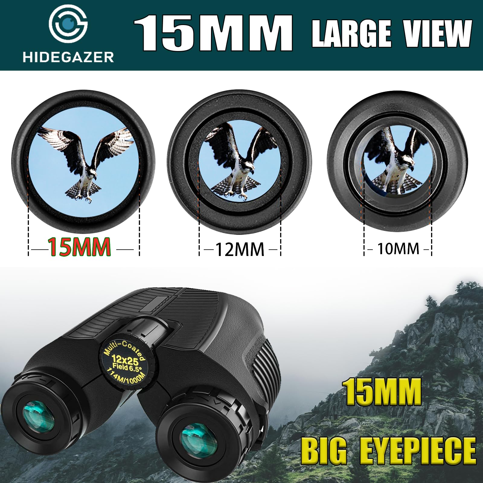 Hidegazer 12X25 Compact Binoculars For Adults And Kids - High Powered Binoculars For Bird Watching, Hunting, Travel, Hiking, Camping, Sport