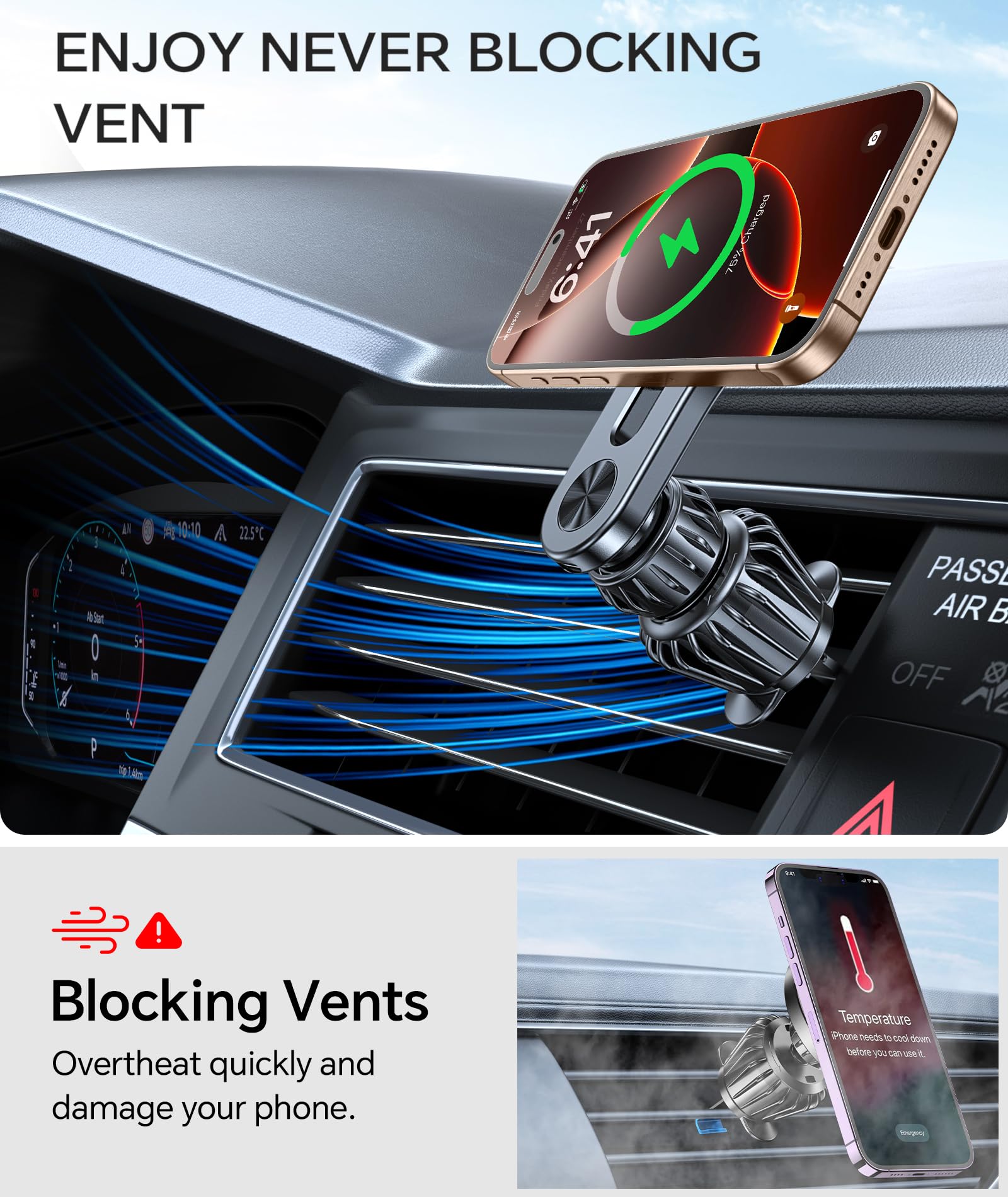 Lantazi For 15W Magsafe Car Mount Charger【Long Arm】 Magnetic Wireless Car Charger Magsafe Charger Car Accessories Mag Safe Car Mount Holder Vent Magsafe Car Charger Mount For Iphone 16 Pro Max 15 14 13 Plus