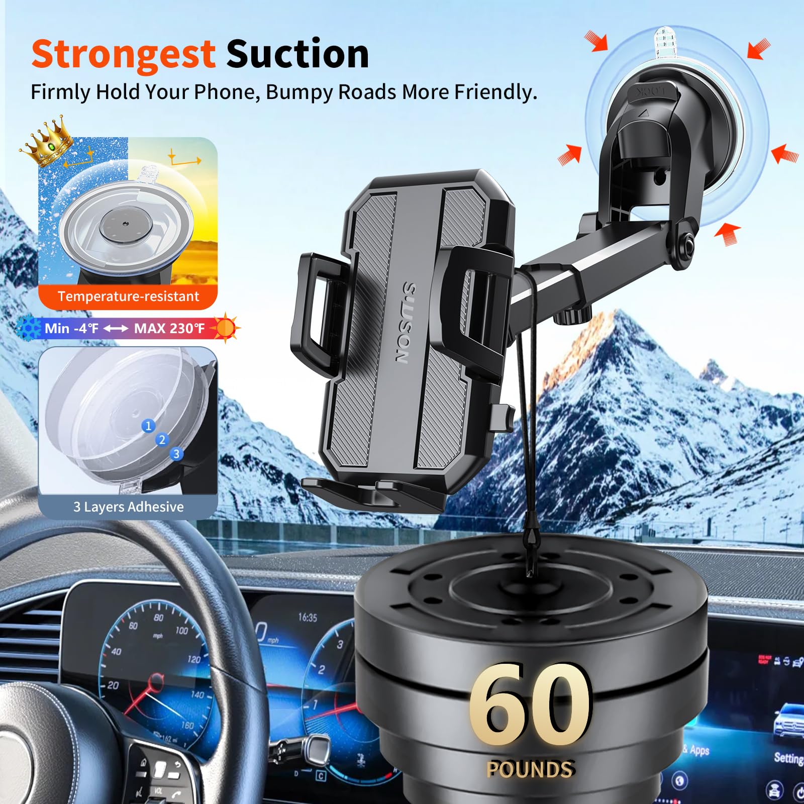 Suuson  3-In-1 Car Phone Holder Mount [Powerful Suction] Phone Mount For Car Dashboard Air Vent Windshield,For All Iphone Android Phone (Black)