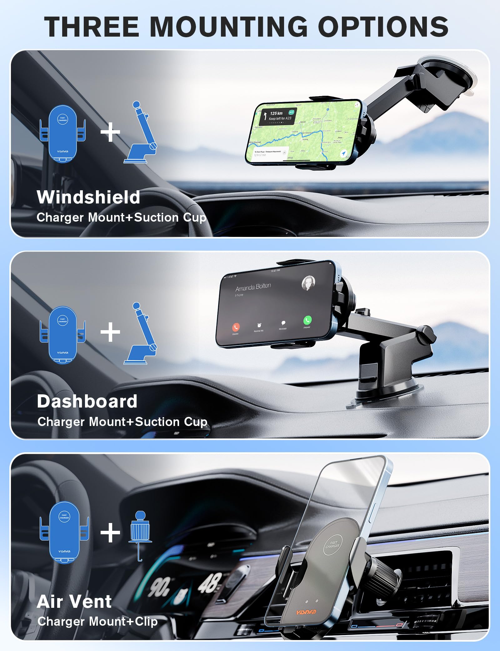 Visnfa Wireless Car Charger, 15W Fast Charging Car Phone Holder, 3 In 1 Phone Mount Auto Clamping Car Accessories Fit For Iphone 15/14/13/12 Pro/12/11/X/8, Galaxy S23 Ultra S22 S21/S10+, Etc, Black