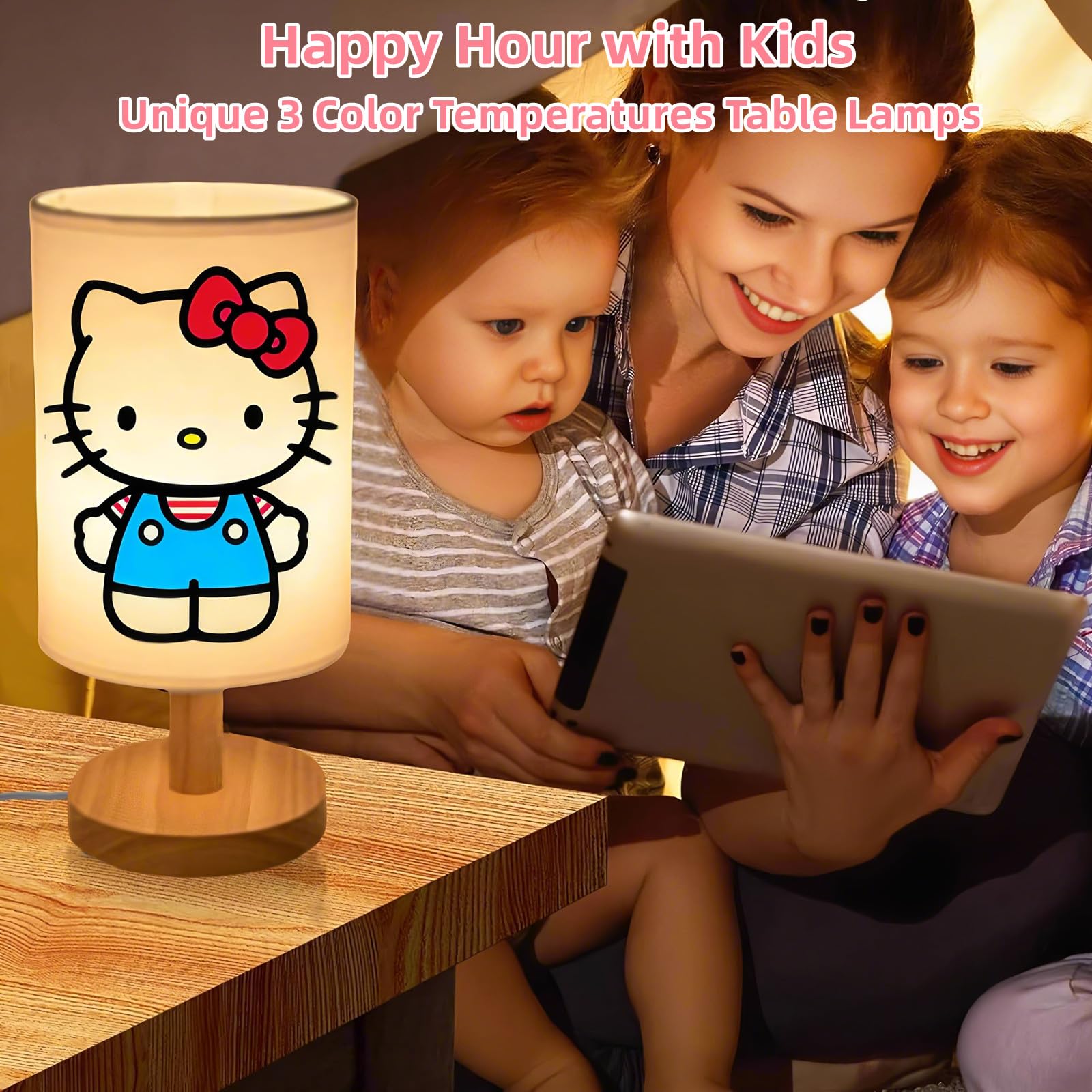 Dai-Congyue Kitty Bedside Table Lamp For Bedroom,Kitty -3 Colors Nightstand Night Light Lamp With Led Bulb,Wood Base Round Flaxen Fabric Shade Desk Reading Lamp For Kids Room,Holiday For Girls Boys (B)