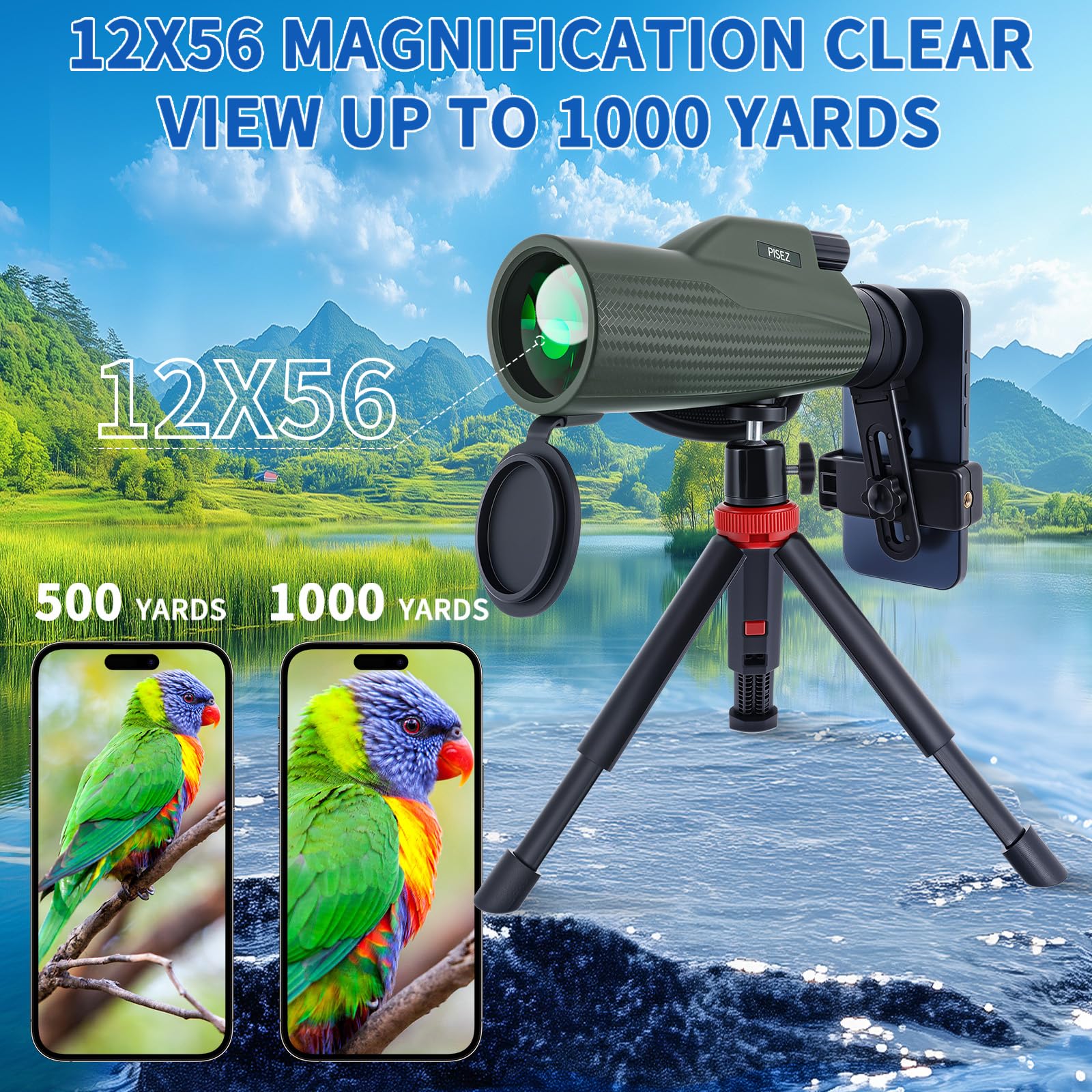 Pisez 12X56 Monocular Telescope For Adults High Powered With Smartphone Holder & Tripod Bak4 Prism & Fmc Lens With Hand Strap Monoculars For Hunting Bird Watching Hiking Wildlife Travel