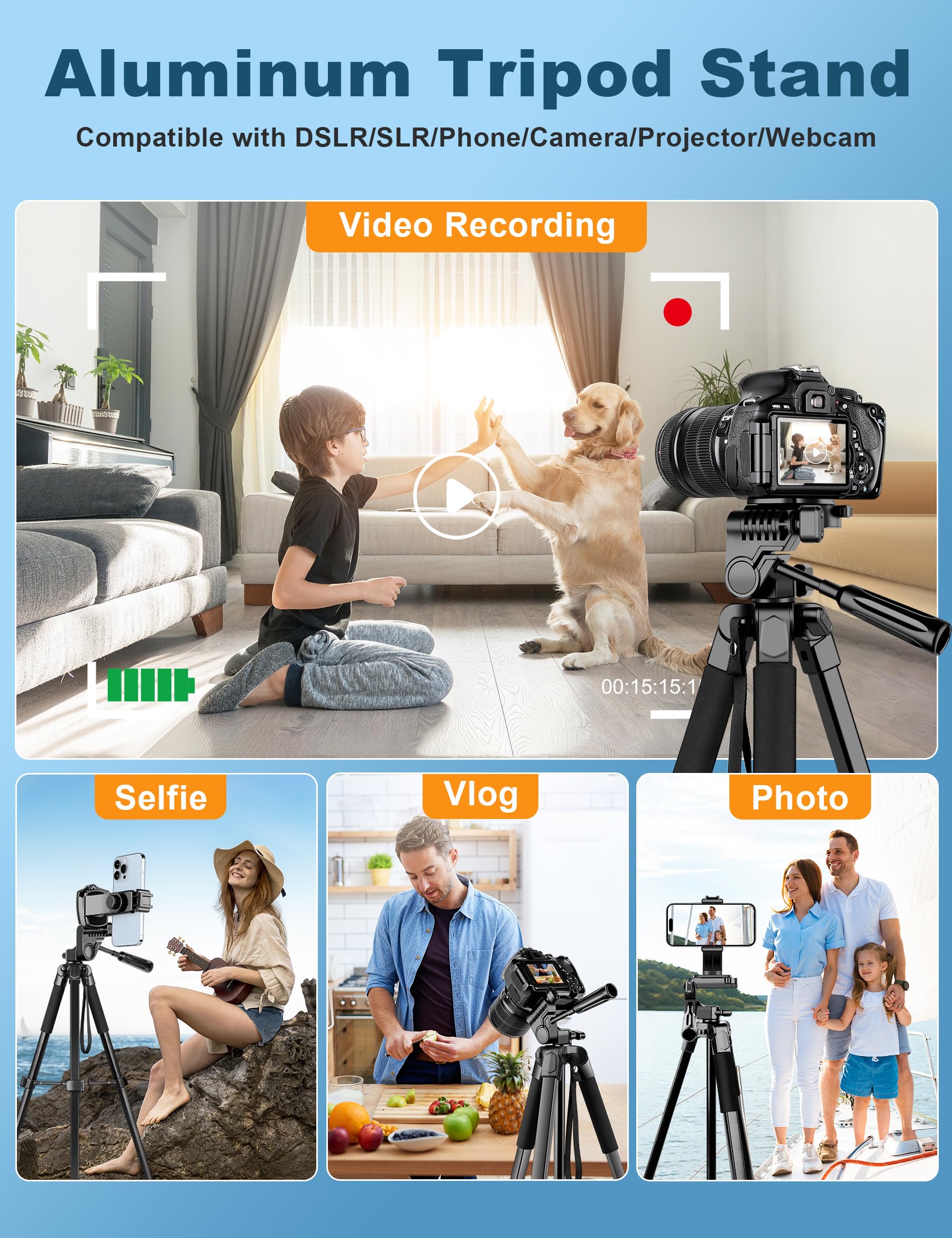 Nineigh Phone Camera Tripod, 67“ Dslr Tripod Stand With Remote Phone Holder, Aluminum Travel Tripods For Photo, Video Recording