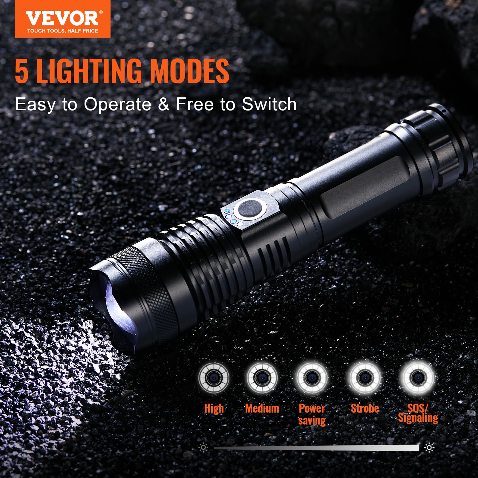 Vevor 10000 Lumen High Lumens Flashlight, 5 Lighting Modes Rechargeable, Ipx4 Led Waterproof Flashlight, Powerful Aluminum Alloy Handheld Flashlight For Camping Hiking Biking Fishing Night Running
