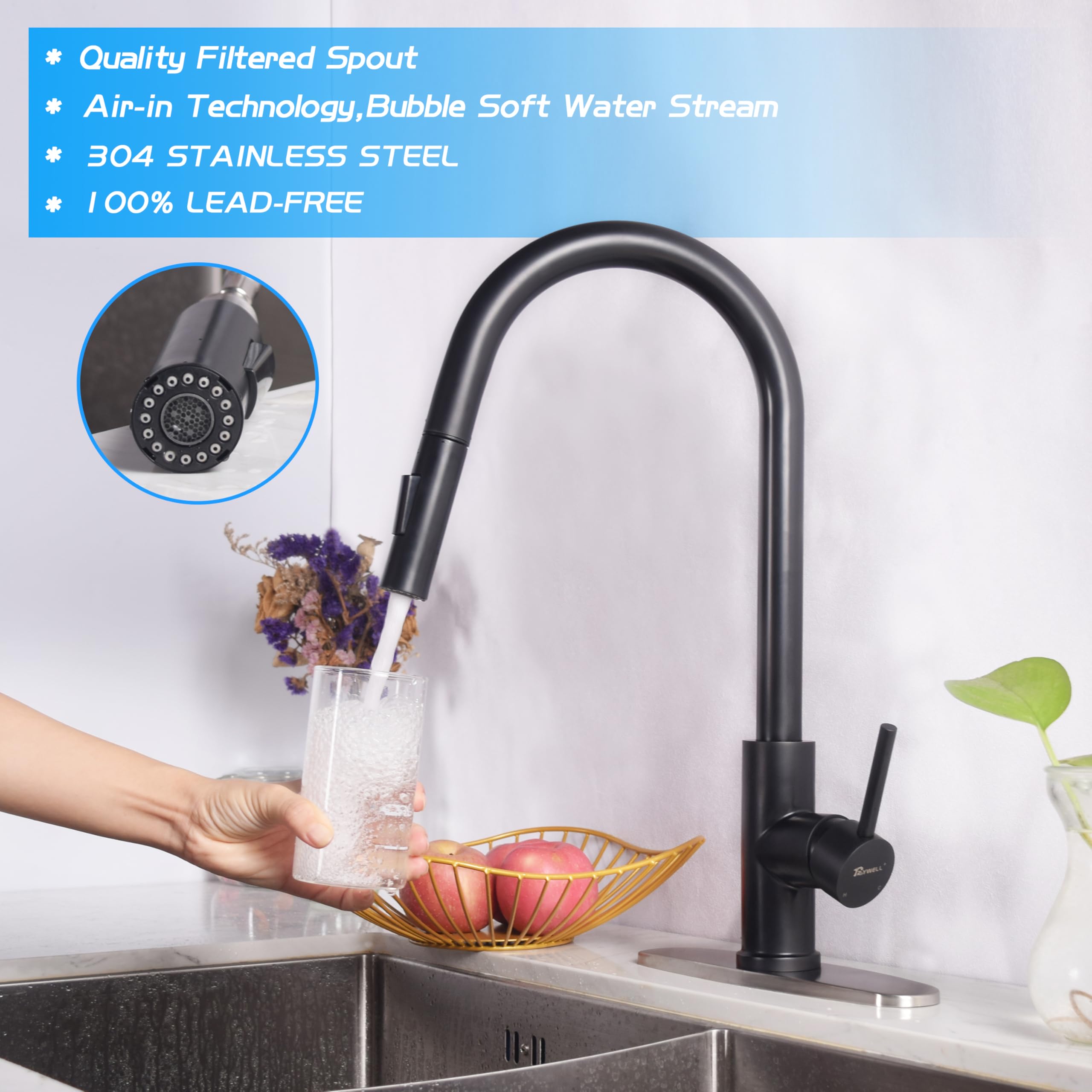 Trywell Matte Black Kitchen Sink Faucet High Arc Single Handle Faucet, 304 Stainless Steel Pull Out Kitchen Faucet Hot & Cold Water Black Kitchen Faucet With Pull Down Sprayer