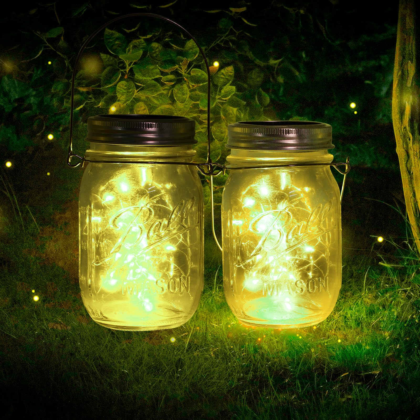 Yjfwal Solar Mason Jar Lights, 12 Pack 30 Led Fairy Firefly String Mason Jar Lids Lights With 12 Hangers (No Jars), Diy Mason Jar Patio Garden Wedding Party Birthday Decor