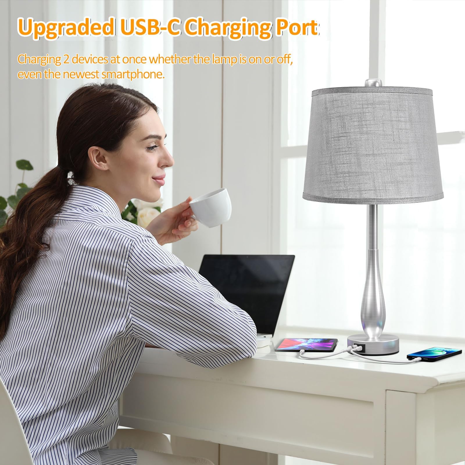Cnxin 24" Touch Table Lamps For Bedroom Set Of 2, 3 Way Dimmable Bedside Nightstand Lamps With Usb C A Port, Modern Lamps For Living Room End Table With Brushed Nickel Body Grey Shade, Bulbs Included