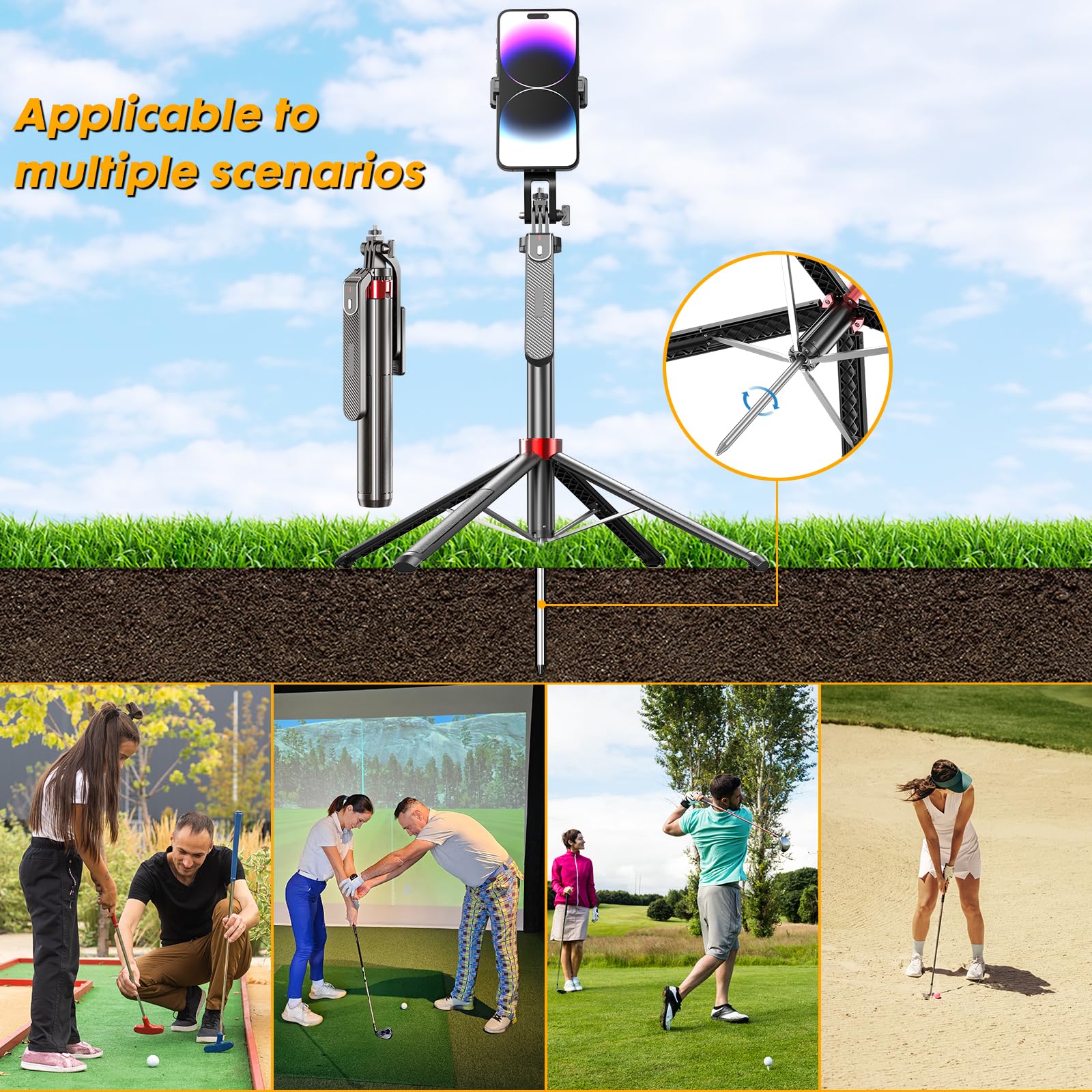 Fuiczsn 70" Phone Tripod & Selfie Stick For Golf Swing, Extendable Cell Phone Tripod Stand With Ground Stakes, Wireless Remote And Phone Holder, Golf Training Aid -Compatible With Iphone Android Phone, Camera