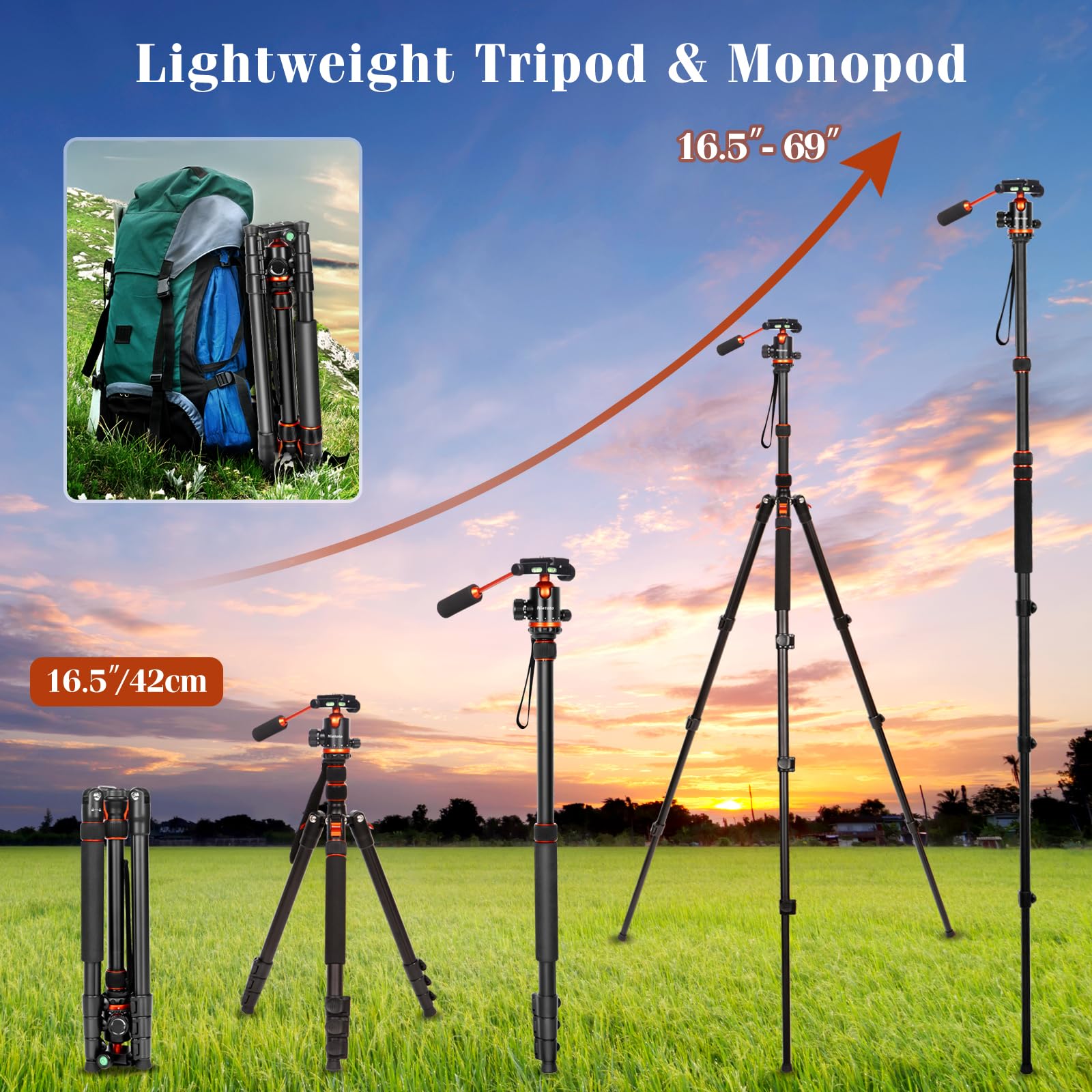 Nietoto 68" Tripod For Camera, 2 In1 Camera Tripods & Monopods With Removable Handle, Professional Cnc Ball Head Video Tripod, Heavy Duty Tripod For Dslr Camera Lasers Spotting Scope Binoculars Telescope