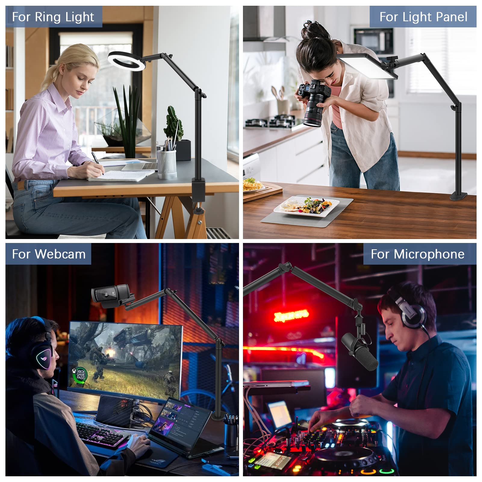 Tinpops Overhead Camera Desk Mount Stand, Webcam Stand Microphone Boom Arm Stand With 1/4“ 3/8" 5/8" Screw For Dslr Camera Photography/Videography/Live Streaming/Photo Shooting/Broadcast