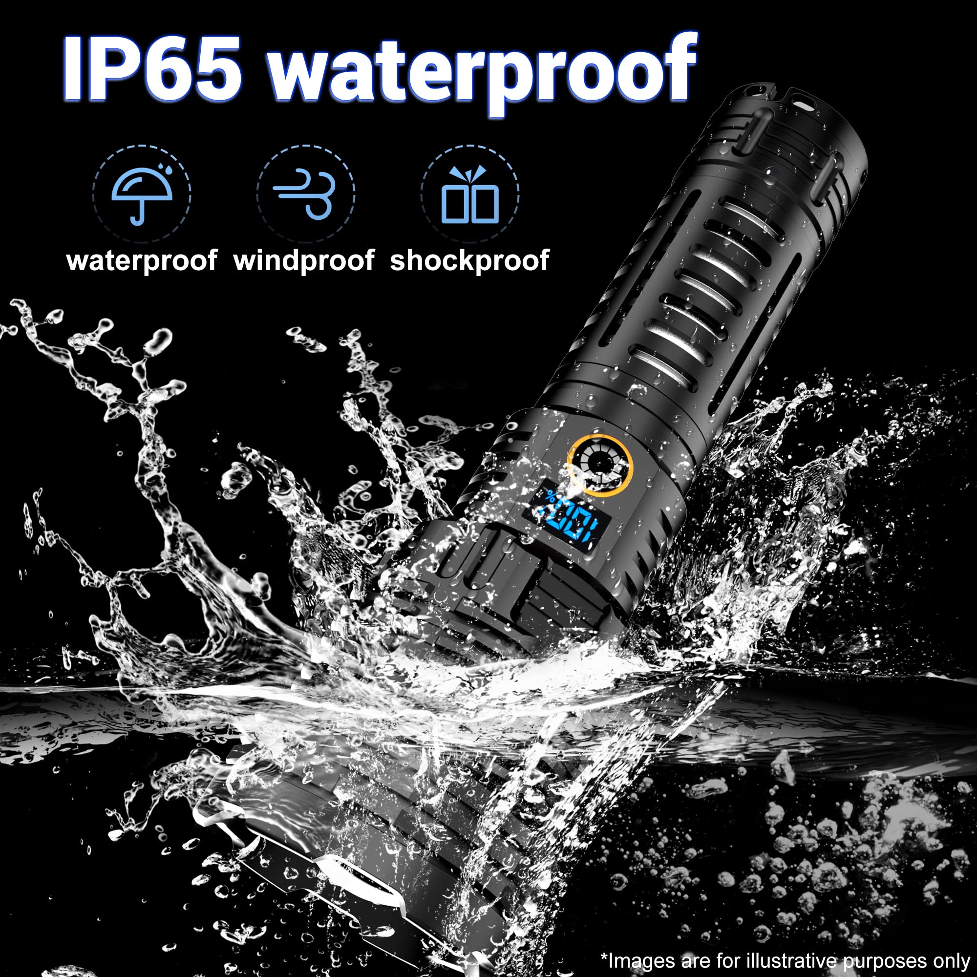 Alifa Flashlights High Lumens,Brightest Led Rechargeable Flashlight 900000 Lumens, 5 Modes,Power Display, Ip65 Waterproof, Zoomable, Handheld Powerful Flash Lights Xhp160.6 For Emergencies Camping