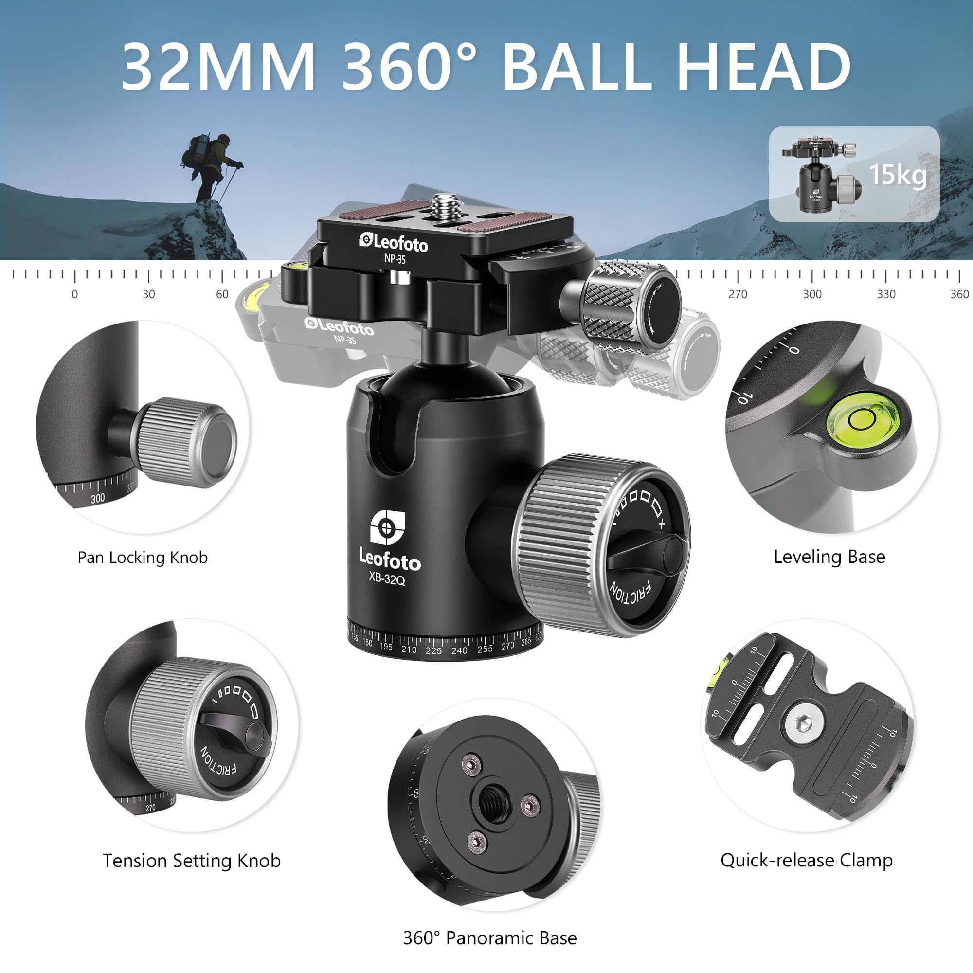 Leofoto Lightweight Carbon Fiber Reversible Folding Travel Tripod With Ball Head, Removable Center Column, Folded Height 36Cm, Maximum Load 6Kg（Lx-225Ct+Xb-32Q）