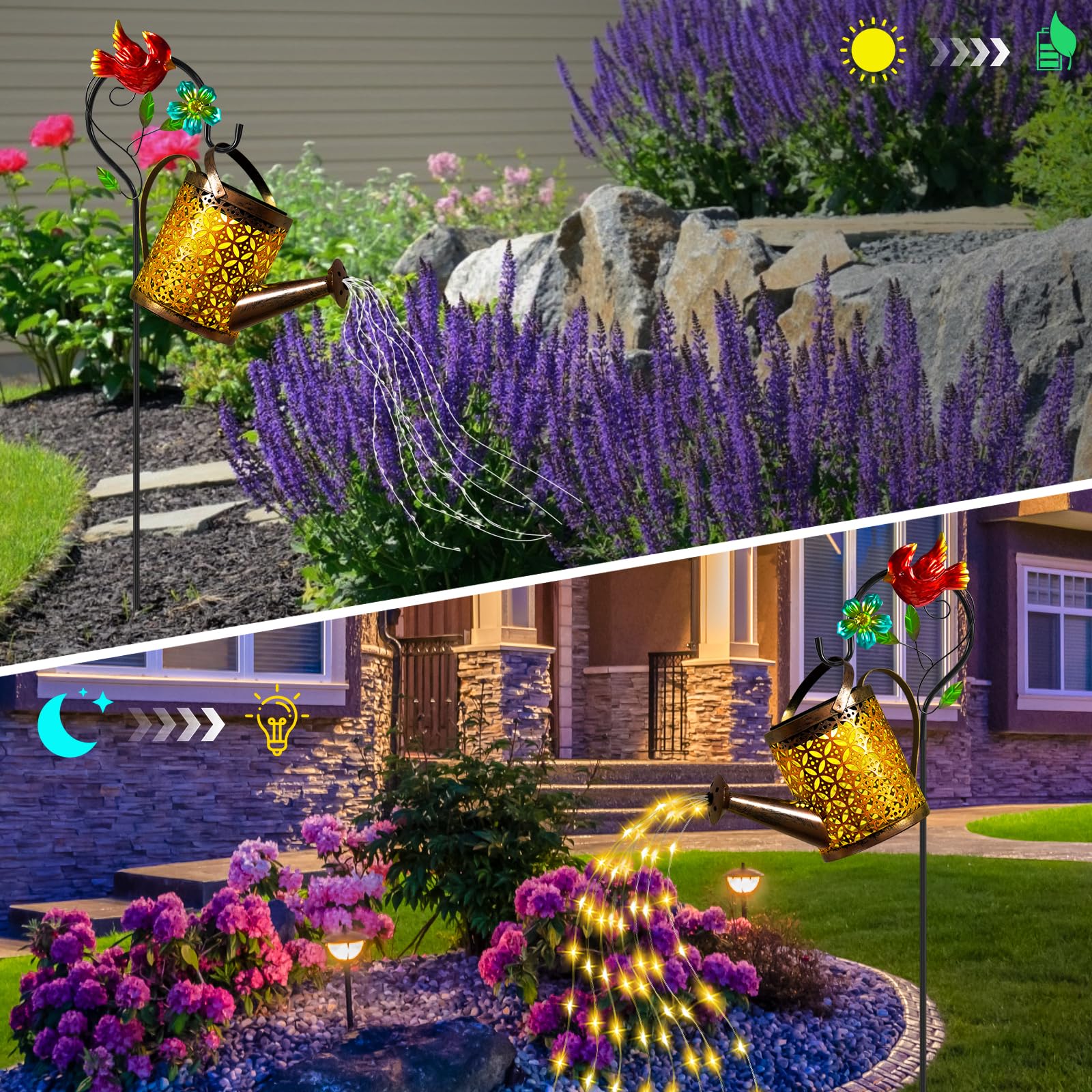 Ostritec Solar Metal Watering Can With Cardinal Shepherd Hook And Cascading Lights - Outdoor Solar Lantern For Garden, Yard, Patio Decor And Gardening  For Women Mother'S Day