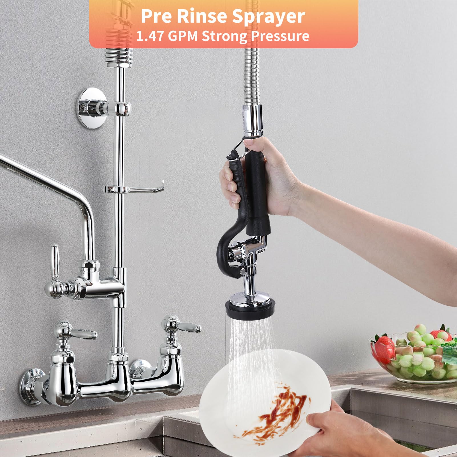 Golrean Commercial Faucet Wall Mount With Sprayer 21" Height, Brass Constructed 8" Add On Swing Spout Commercial Kitchen Sink Faucet With Pre-Rinse Pull Down Sprayer For 1/2 Compartment Sink