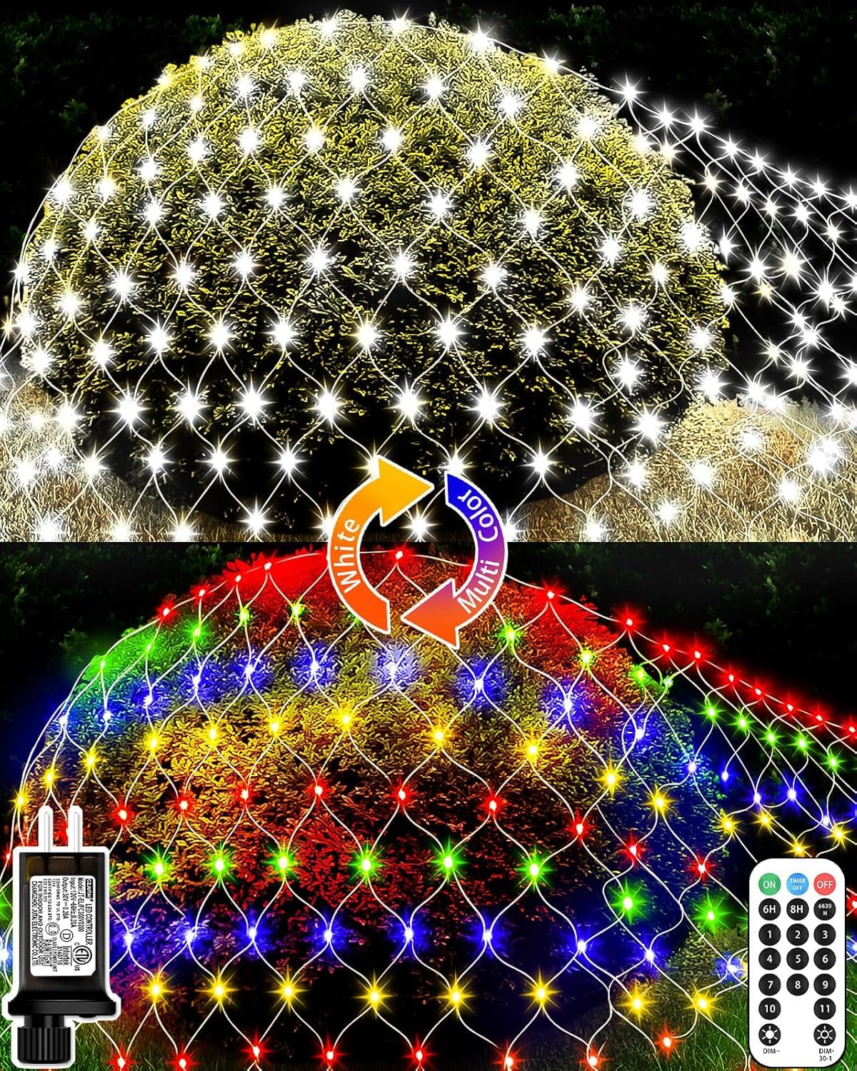 Miqia Color Change Christmas Net Lights, 9.8Ft X 6.6Ft 200 Led Bush Mesh Lights With 11 Modes & Remote, Waterproof Christmas Lights For Home, Holiday, Garden, Xmas Decor, Cool White & Multicolor