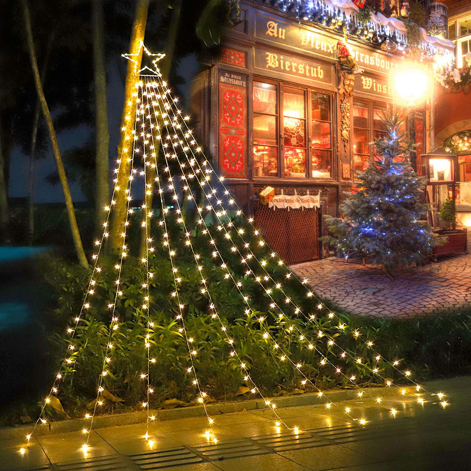 Funiao Christmas Decoration Lights, 320 Led Waterfall Christmas Tree Lights With 12" Star Topper, 8 Modes Indoor Outdoor String Lights For Yard, Party, Home, Holiday (Warm White)