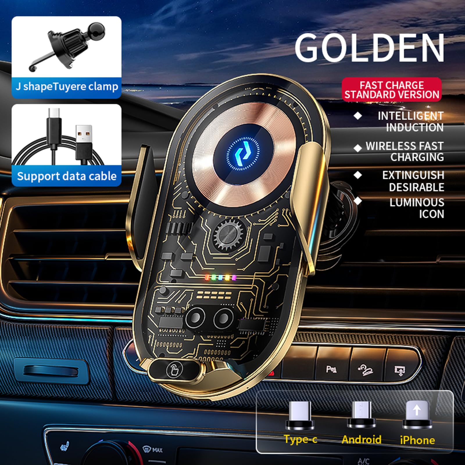 Lfnown Wireless Car Charger Car Phone Holder Mount Wireless Charging Transparent Compatible Charging Air Vent Mount Phone Holder Fit For All Android Smartphone(Gold)