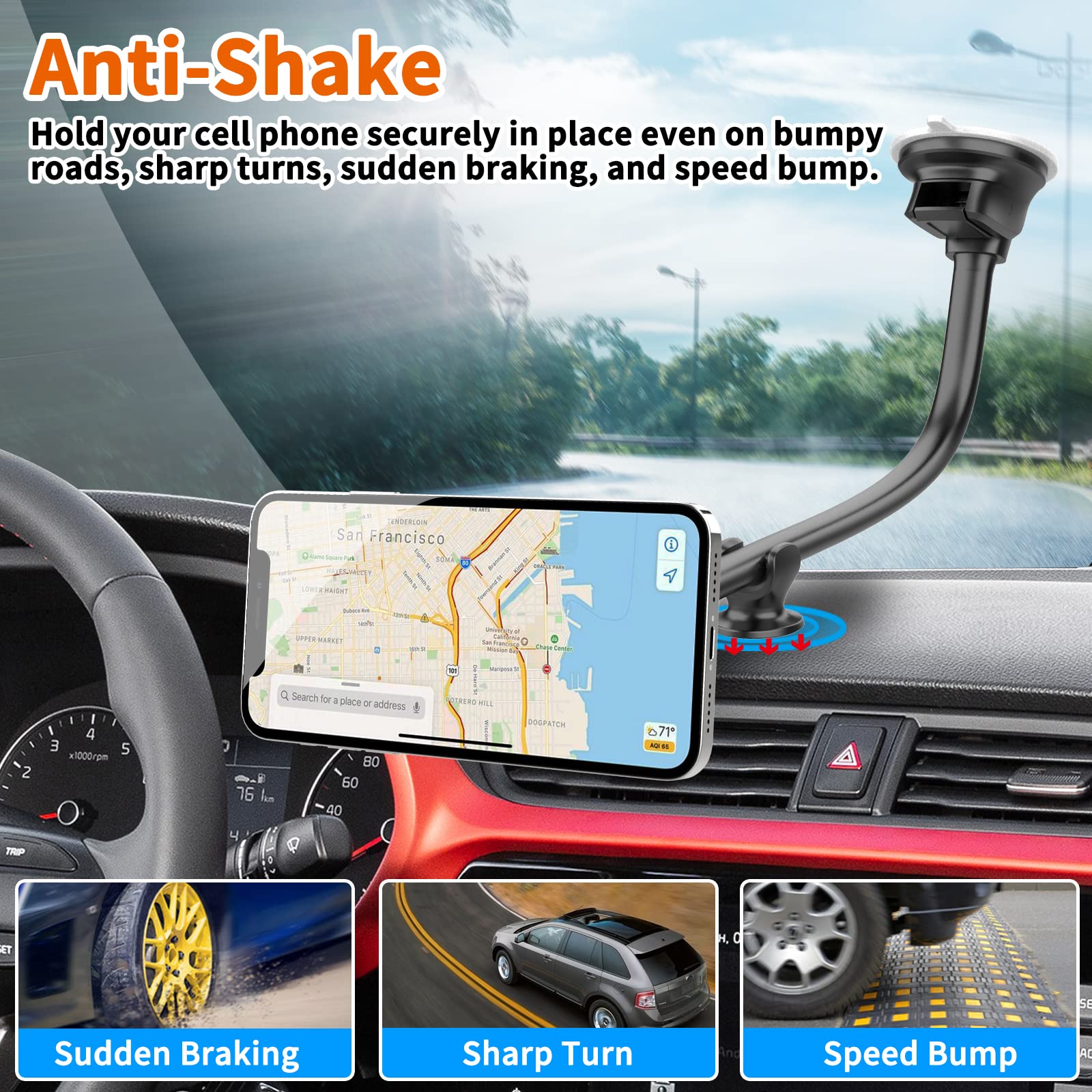 1Zero Magnetic Phone Car Mount 14-Inch Gooseneck Long Arm Extension, Universal Windshield Dashboard Industrial-Strength Suction Cup Car Phone Holder With 6 Strong Magnets, For All Cell Phones Iphone