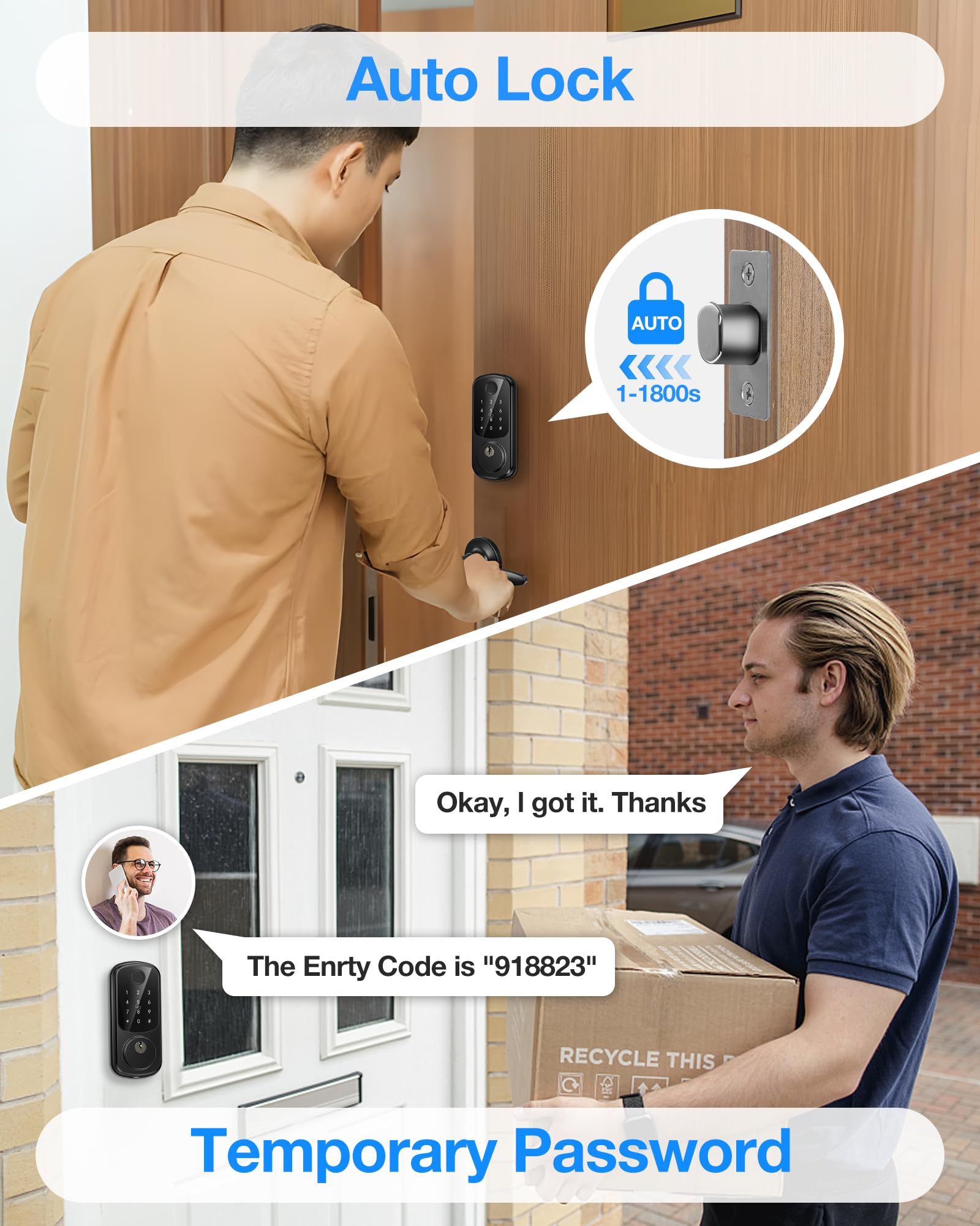 Sohoteco Smart Fingerprint Door Lock, Keyless Entry Door Lock With Security Smart Deadbolt And Touchscreen Keypad, App Control, Auto Lock, Easy Installation, Black