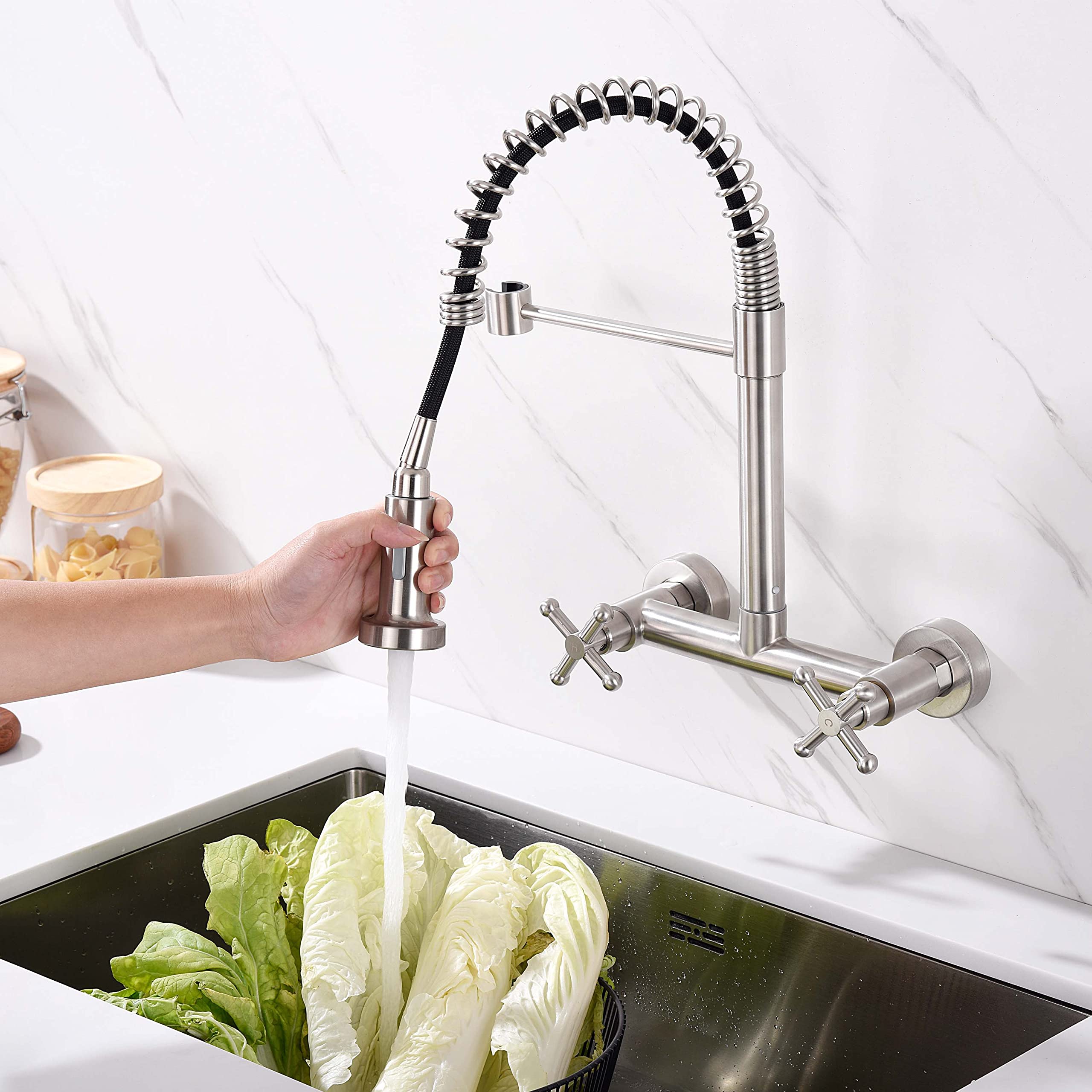 Hosilova Wall Mount Kitchen Sink Faucet With Pull Out Sprayer Tow Function Commercial Spring Faucets 2 Industrial Handle High Arc Center Kitchen Faucets, Brushed Finish