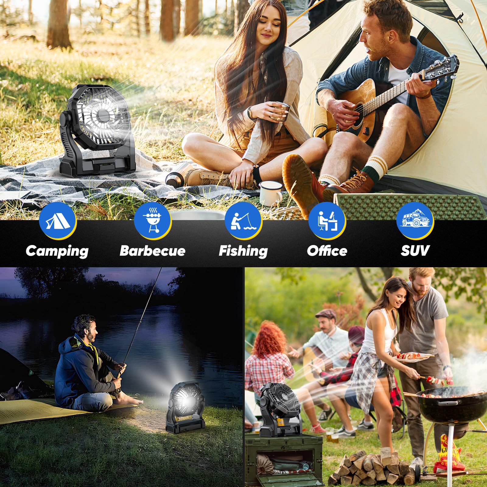 Portable Fan Rechargeable, Real 10000Mah Battery Powered Fan With Led Light And Hook