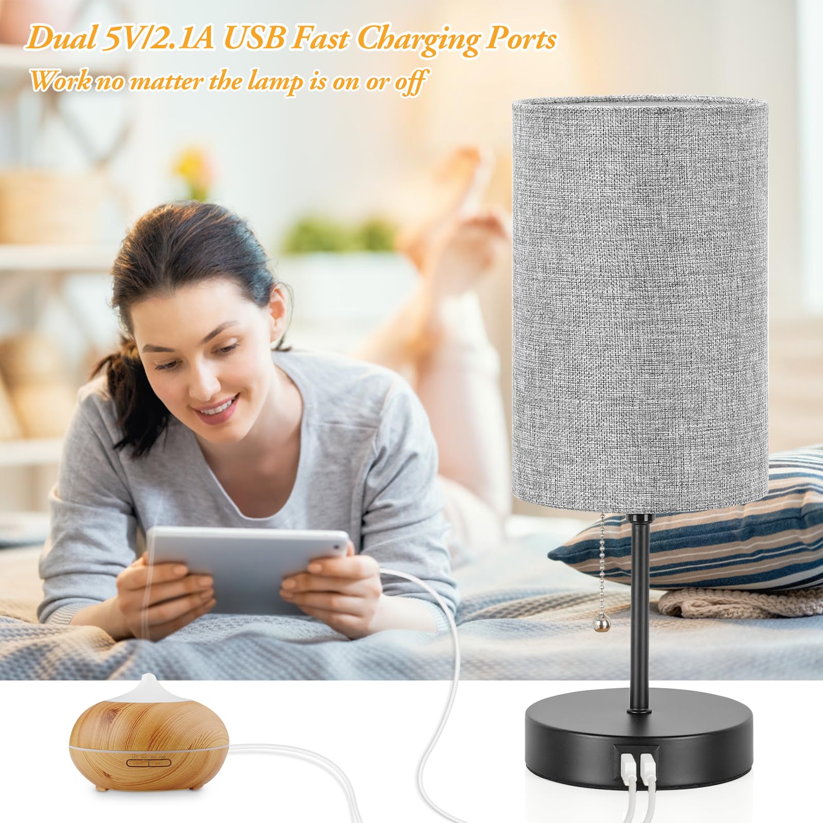 Lakumu Modern Table Lamps Set Of 2, Grey Fabric Shade And Black Metal Base For Living Room Bedroom Office Reading Dorm Hotel