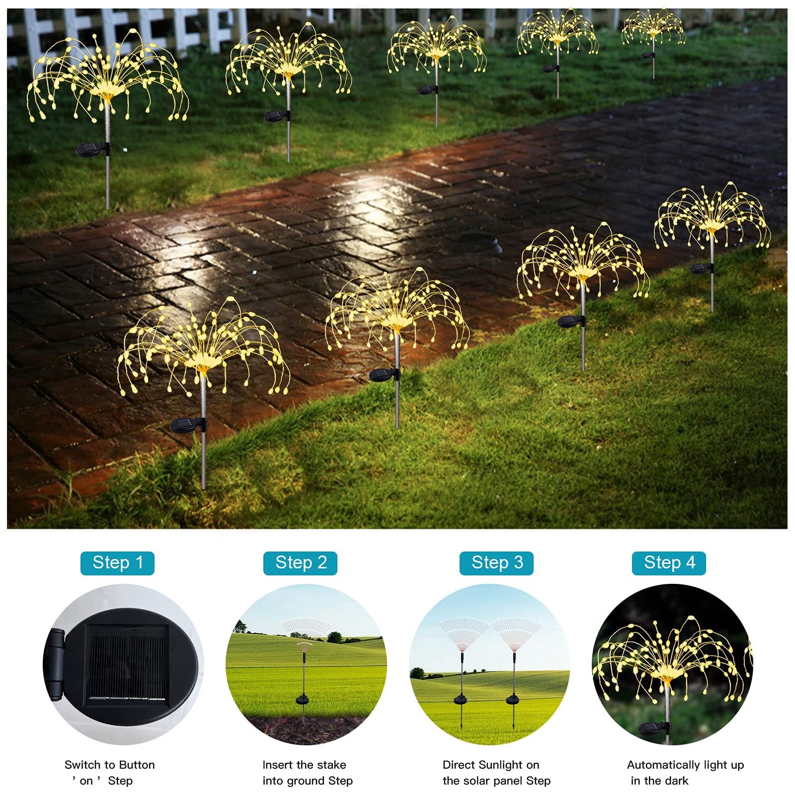 Xvz Solar Garden Light, 2 Pack  120 Led Solar Powered Firework Light,2 Modes And Waterproof Diy Outdoor Decoration Light For Walkway Pathway Backyard Christmas Party Decor（Warm White）