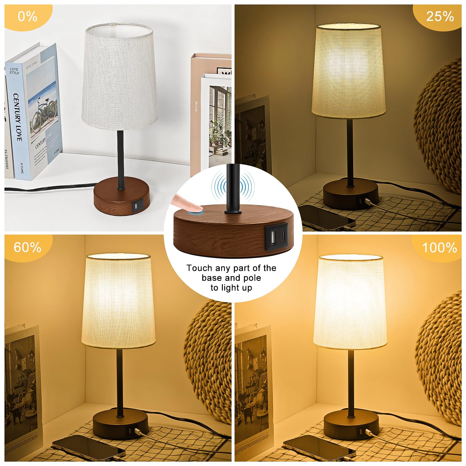 Luxebeam Modern Usb & Type-C Bedside Lamp With Touch Control, Dimmable Table Lamp With White Fabric Shade Enhanced With Gold Threads, Includes Led Bulb - Ideal For Bedroom, Office, Dorm