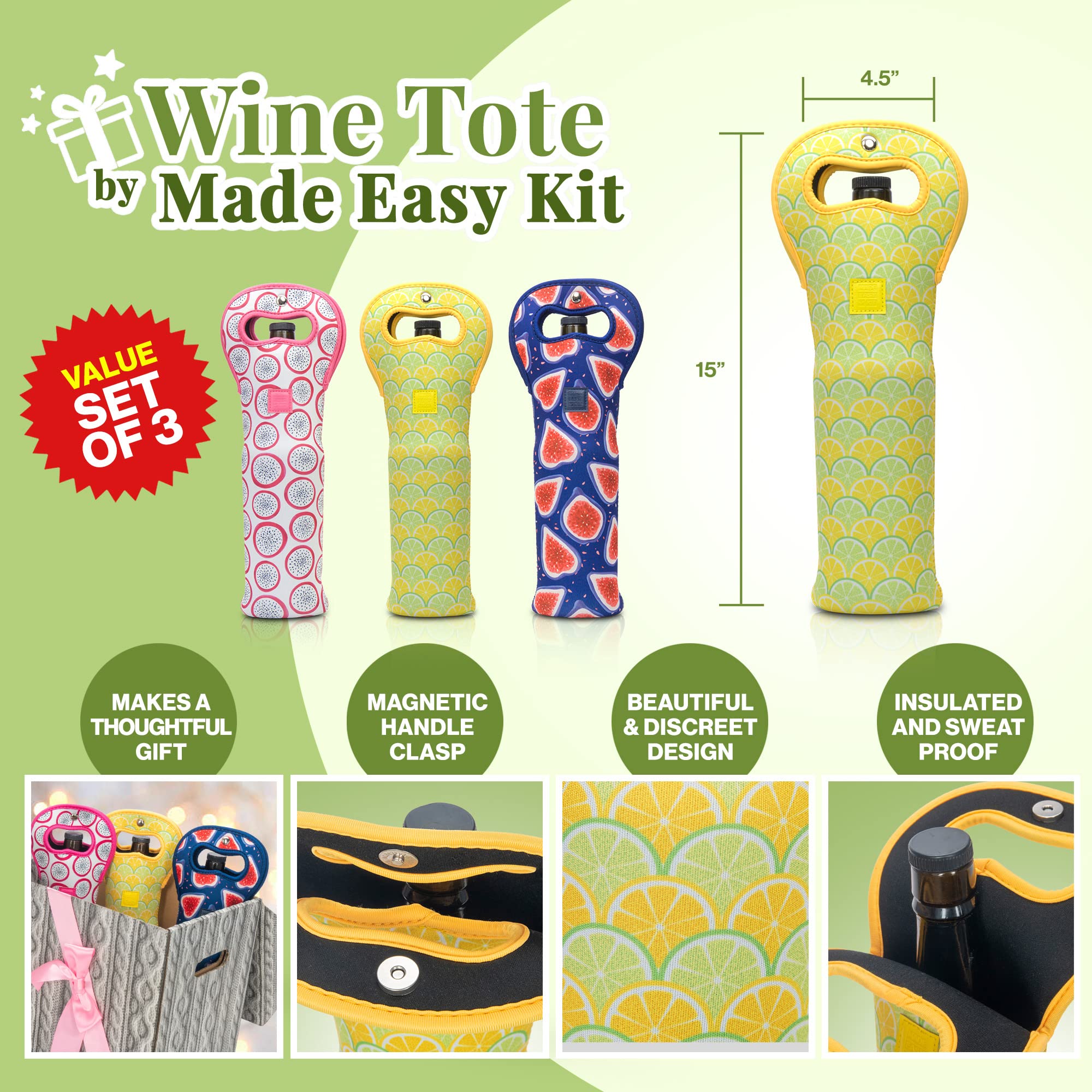 Made Easy Kit Insulated Wine Tote - Neoprene Wine Carrier Bag With Magnetic Handle Clasp