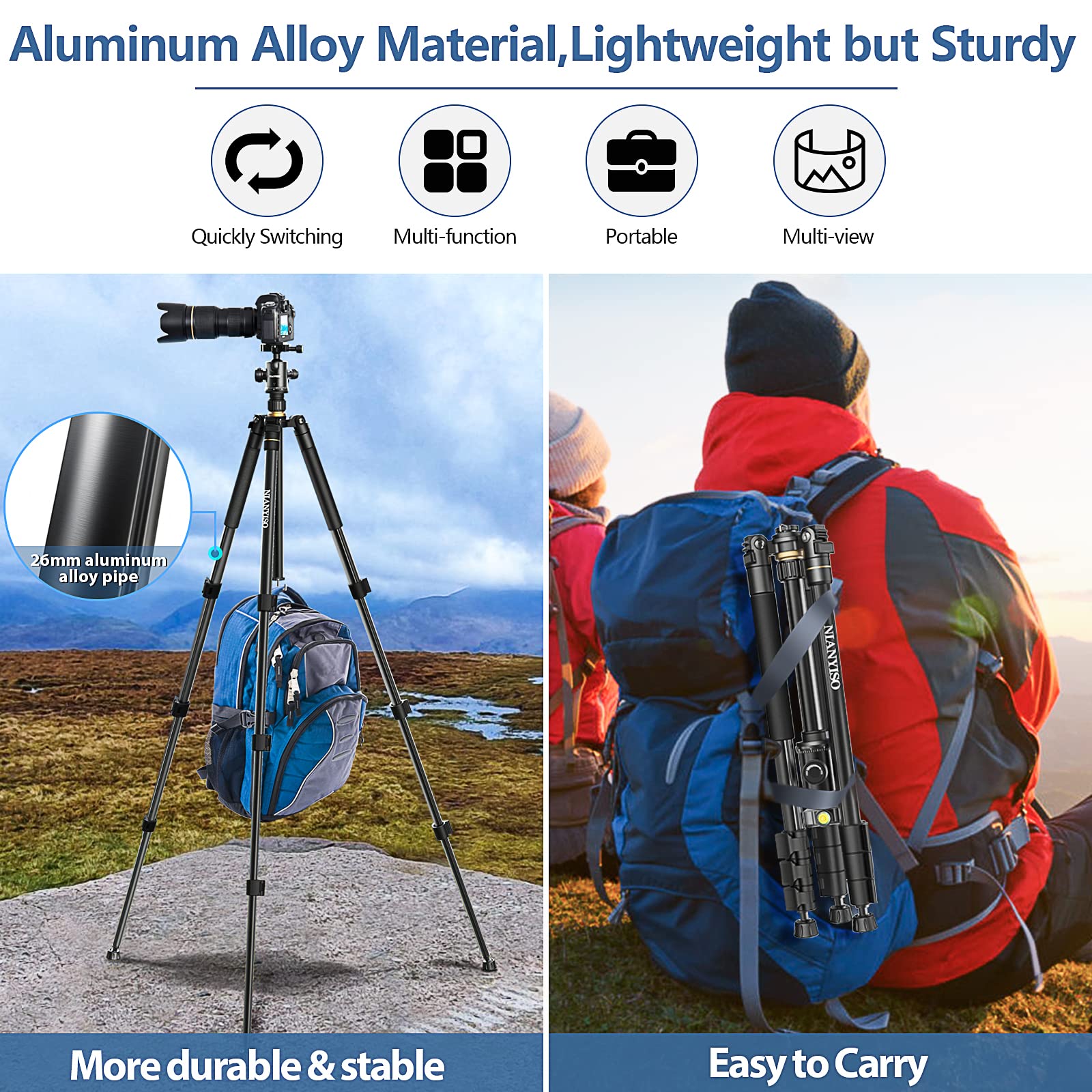 Nianyiso 77” Dslr Camera Tripod For Travel - Compact Tripod For Camera, Professional Tripods With 36Mm 360 Degree Ball Head, Lightweight Aluminum Camera Tripods & Monopods Load Up To 33 Lbs