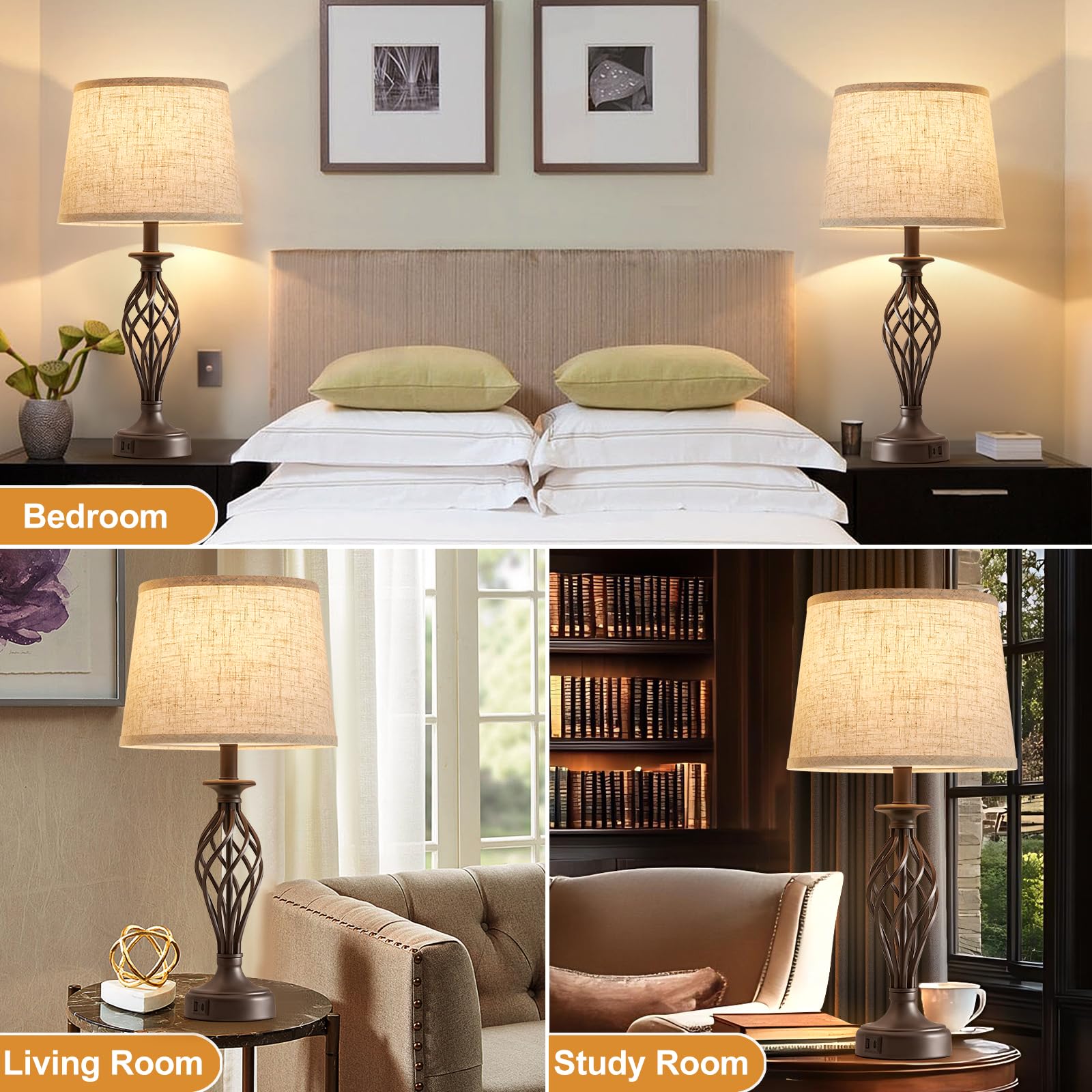 Ejiaxin Table Lamp For Bedroom Set Of 2 With Usb C+A Ports - Modern Brown Bedside Lamps With Spiral Cage Base Fabric Shade - Nightstand Lamp For Living Room Reading Bed Side End Table 2 Led Bulbs Included