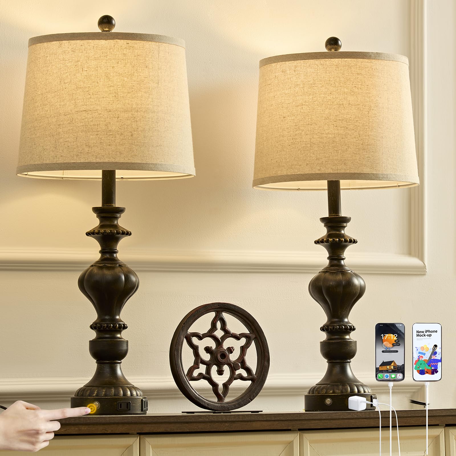 Saiweya 27.5" Farmhouse Table Lamps Set Of 2 Bedside Lamp With Usb C+A Ports & Ac Outlet, 3 Way Dimmable Touch Lamps For Living Room Bedroom Office Hallway Rustic Nightstand Traditional Lamp