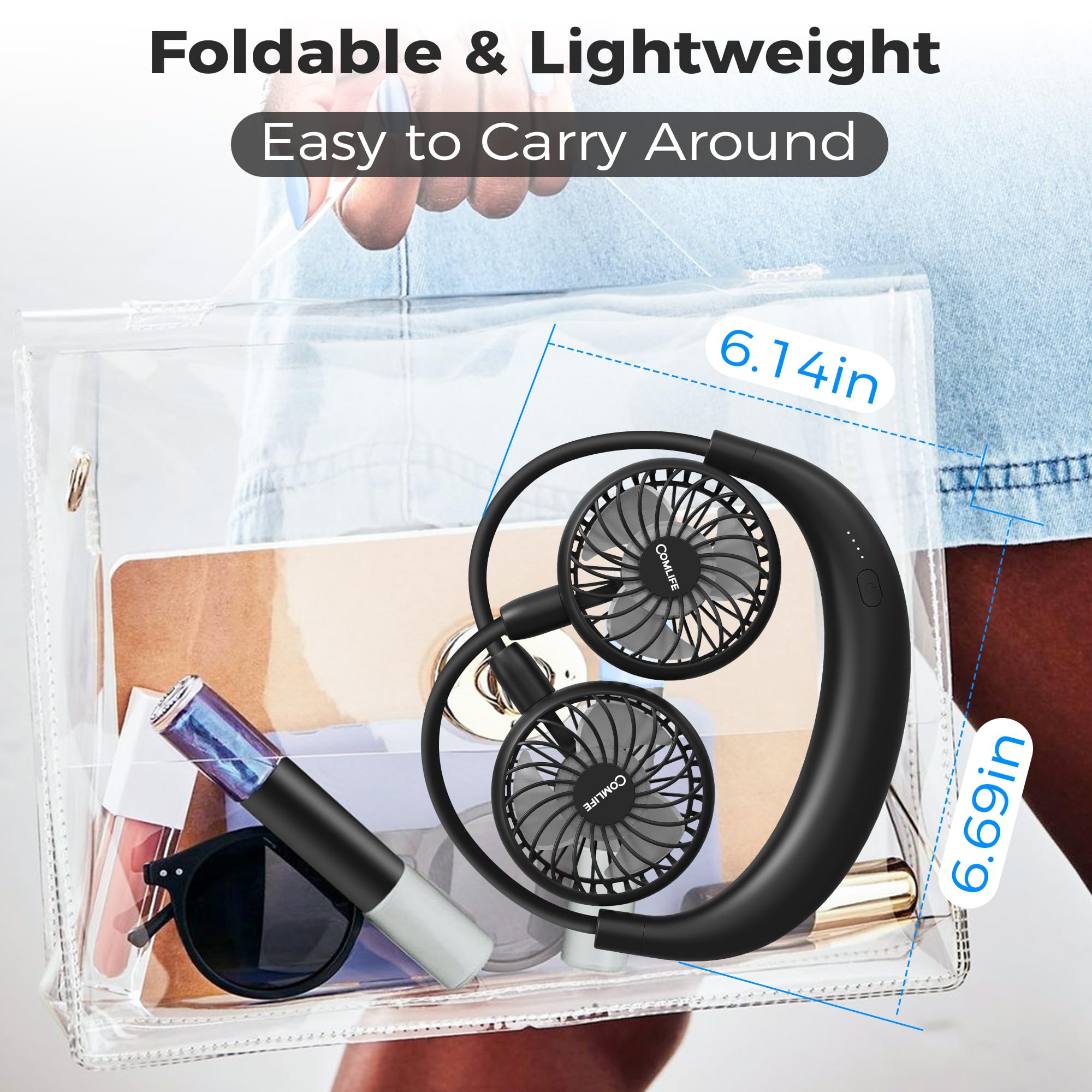 Comlife Portable Neck Fan, 5000Mah Rechargeable Battery Powered, 3 Speeds, 360°Adjustable