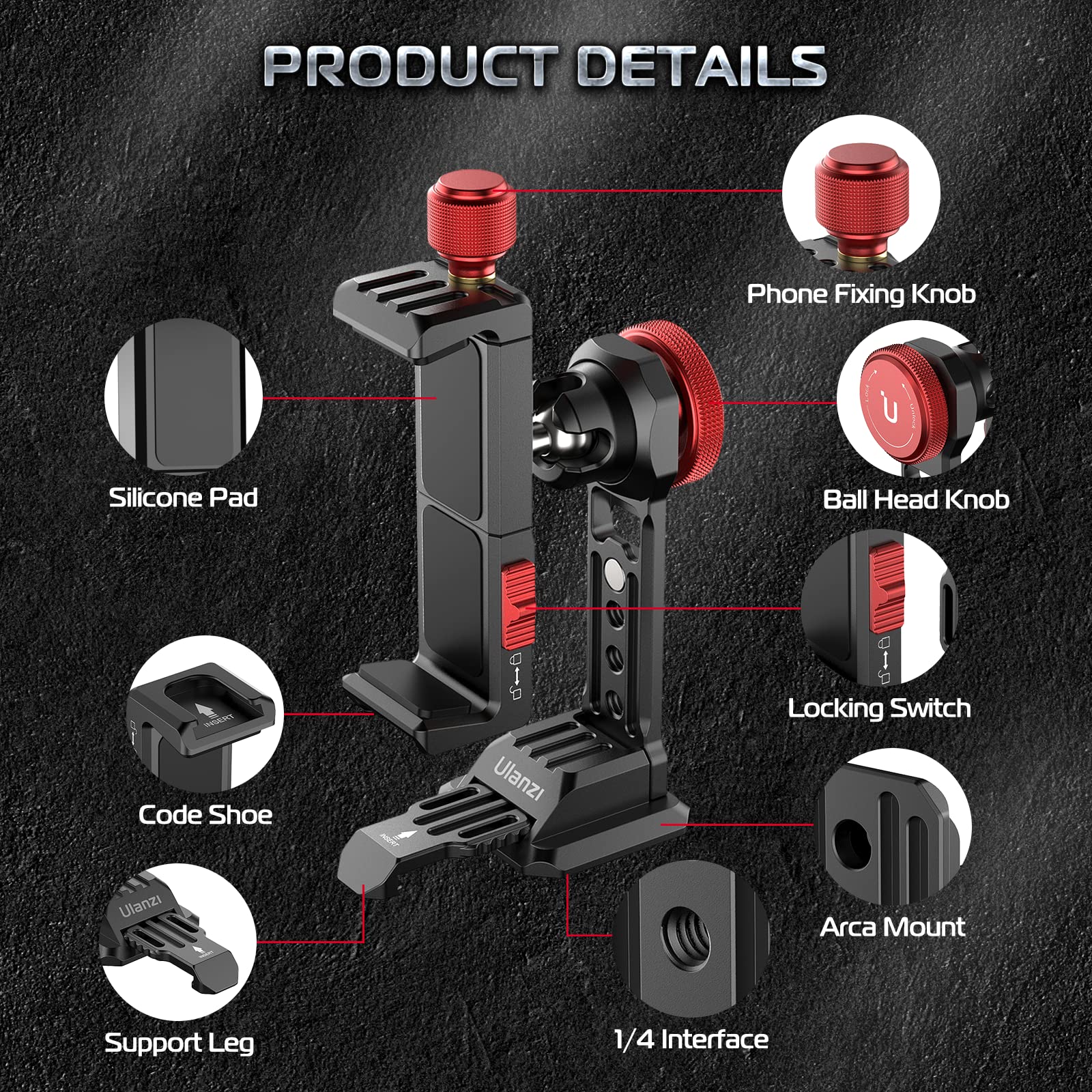 Ulanzi St-14 Phone Tripod Mount, Phone Holder For Tripod Aluminum, 360° Smartphone Tripod Mount W Cold Shoe, Adapter For Iphone 16, 15, 14, 13, 12, 11, Max, Pro, X, Xr, Xs, 6, 7 Plus