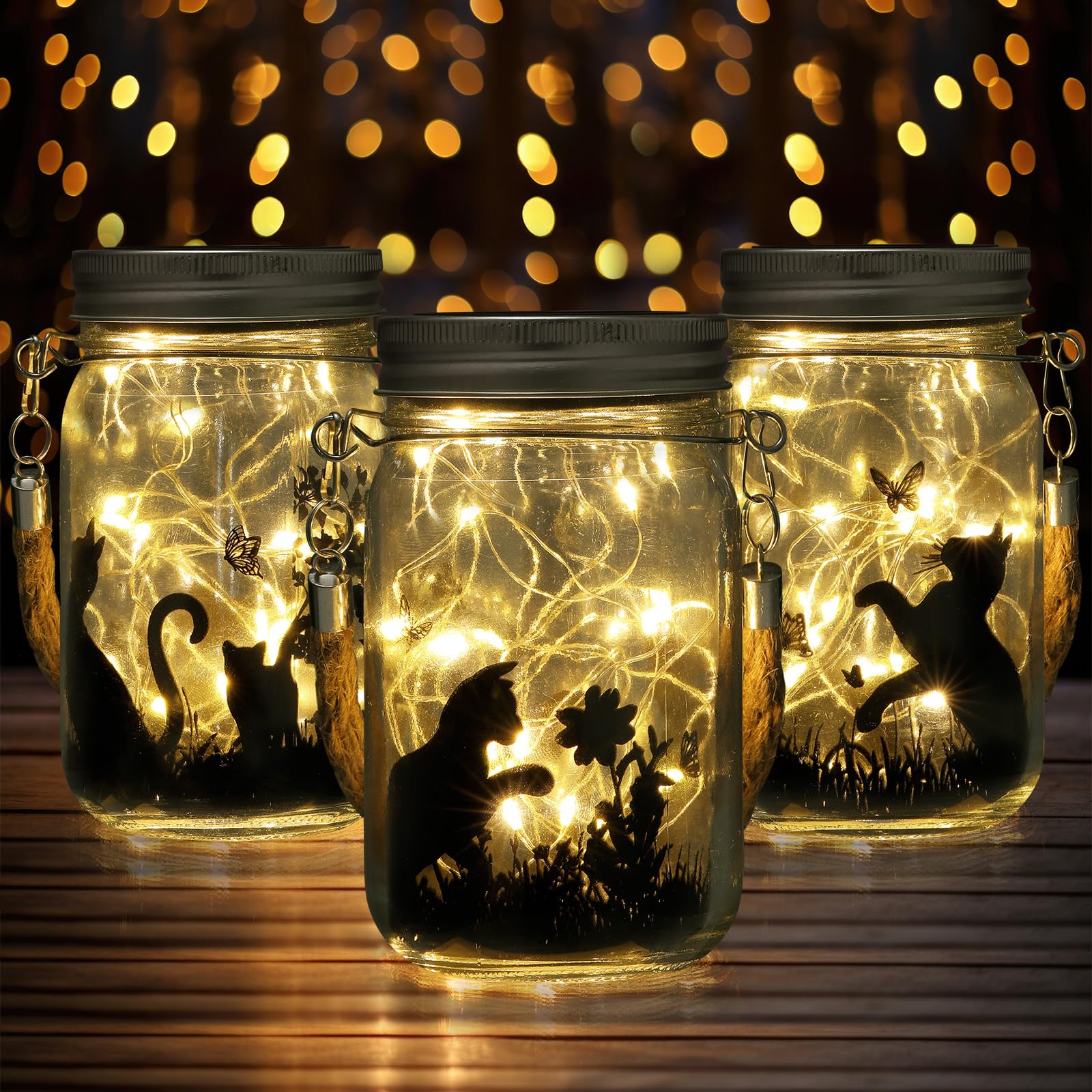 Jingmore 3 Pcs Fairy Hanging Lanterns Solar Lantern Cat Dog Butterfly Solar Outdoor Yard Lawn Garden Decor Jar Lights For Mom Women Cat Dog Lovers  Tree Patio Lawn Table(Cat)
