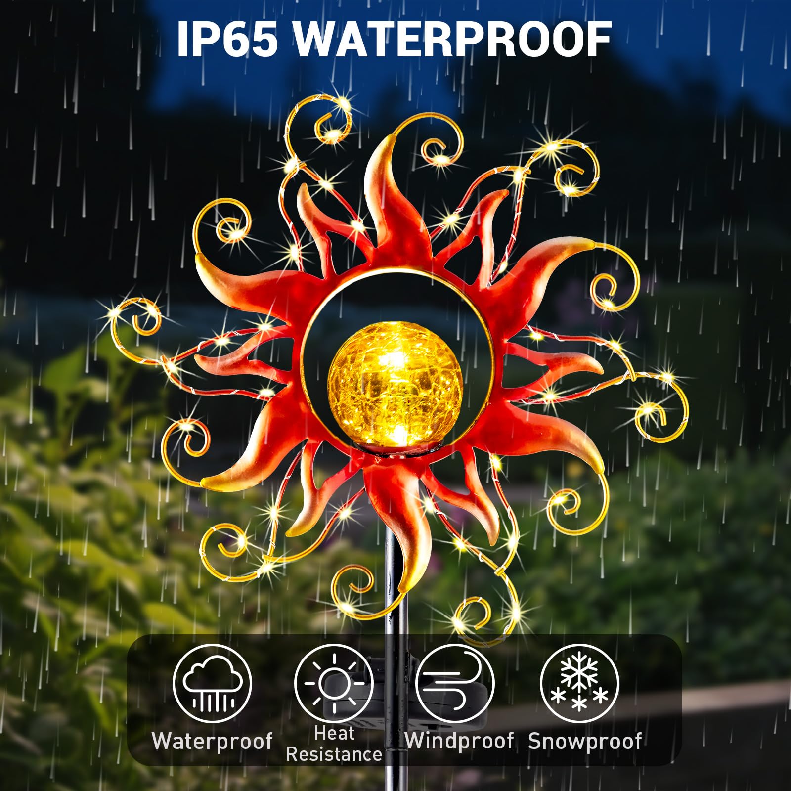 Kacux Solar Lights Outdoor Waterproof Red Sun Metal Crackle Glass Stake Decorative For Outside,Yard,Lawn,Patio,Walkway Mothers'Day  Mom Grandma Garden Lover